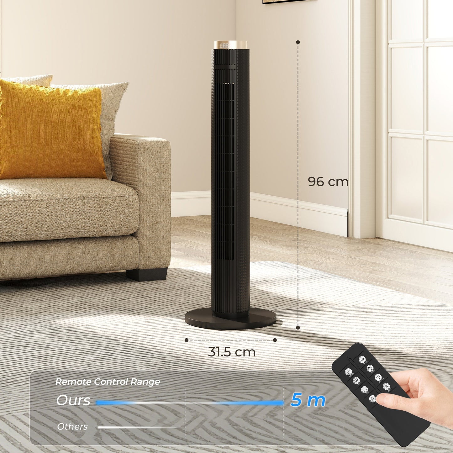 Tower Fan, Standing Floor Fan with Remote Control, WiFi App Control, 65° Oscillating, 3 Speed 4 Modes, 12 Hour Timer and Night Light for Bedroom Office, Black