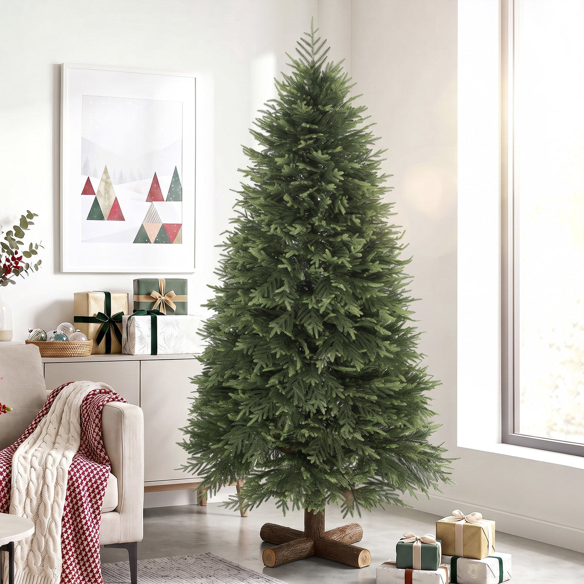 7ft Artificial Christmas Tree, Hinged Xmas Tree with Dense 1071 PE & PVC Branch Tips, Realistic Fir Wood Base, Auto Open for Home Office Decor, Green