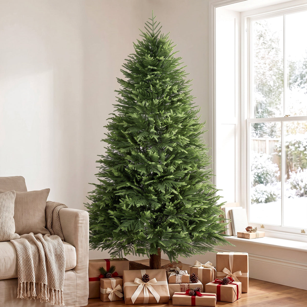 7ft Artificial Christmas Tree, Hinged Xmas Tree with Dense 1071 PE & PVC Branch Tips, Realistic Fir Wood Base, Auto Open for Home Office Decor, Green