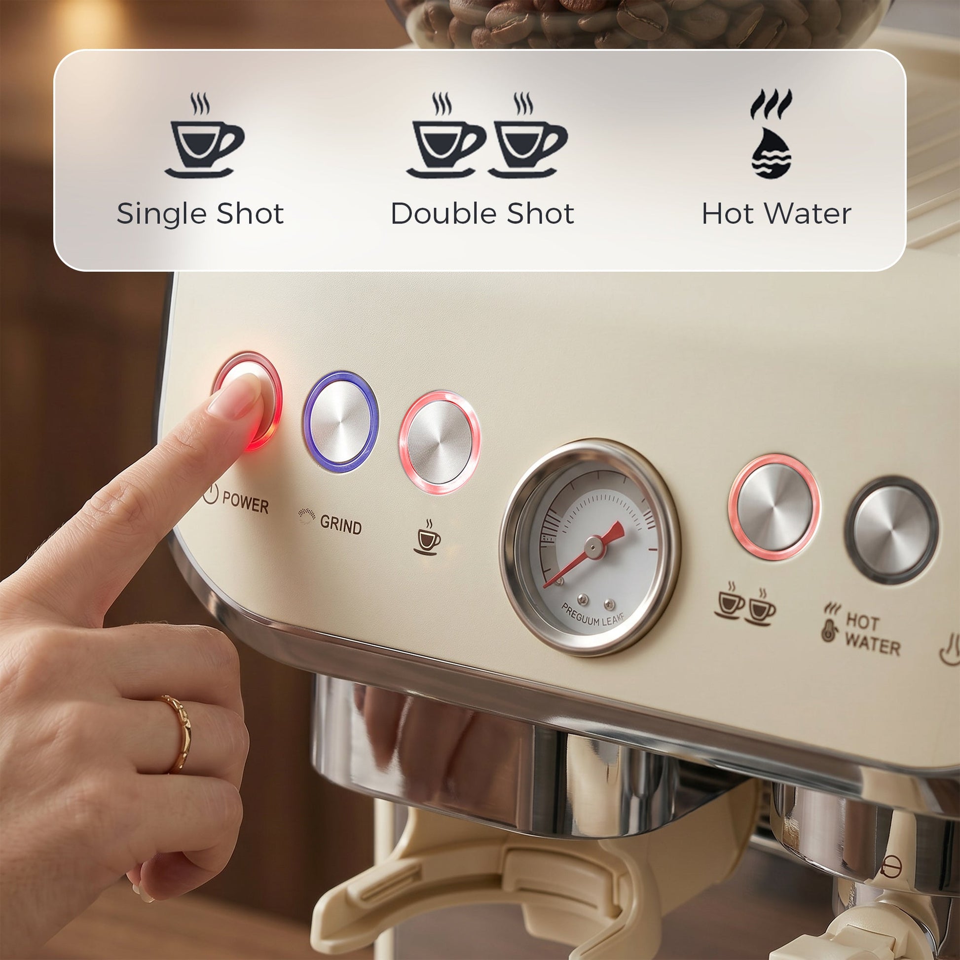 Espresso Machine with Integrated Bean Grinder & Steam Wand, Bean to Cup Coffee Machine with 15 Bar Italian Pump, 2L Water Tank, Cappuccino Maker, Stainless Steel, Cream White