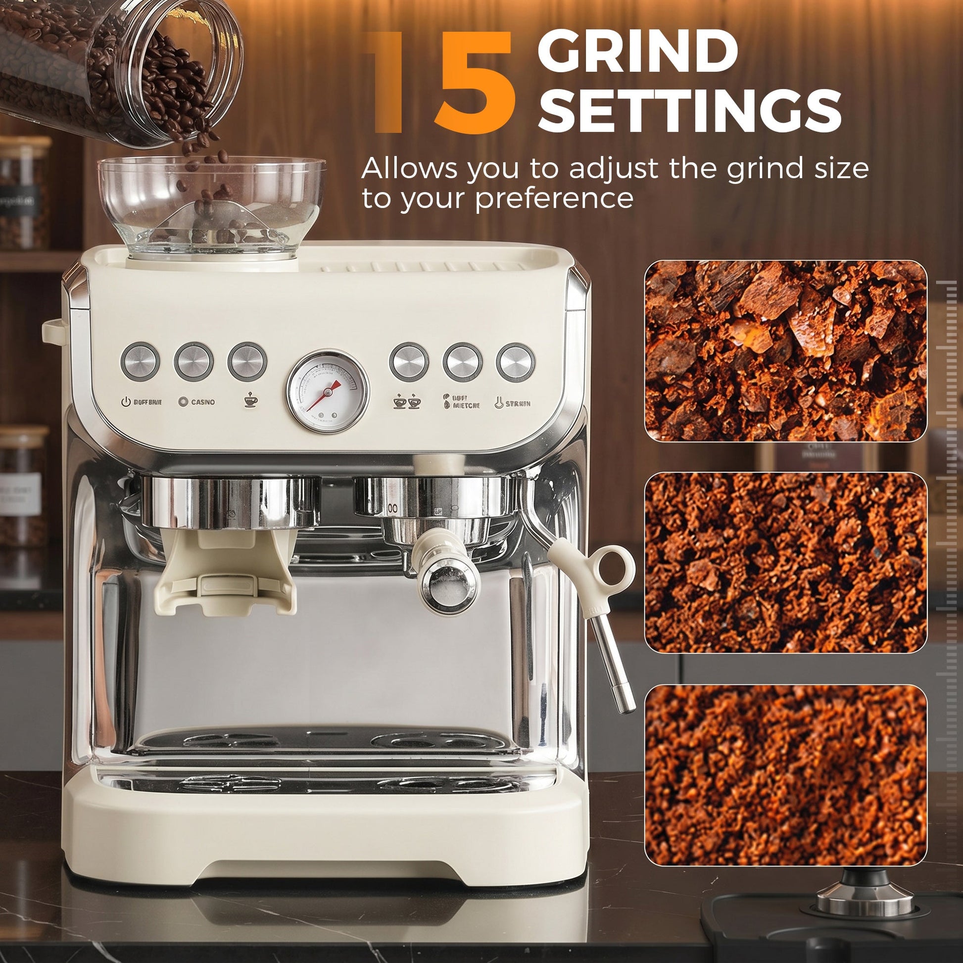 Espresso Machine with Integrated Bean Grinder & Steam Wand, Bean to Cup Coffee Machine with 15 Bar Italian Pump, 2L Water Tank, Cappuccino Maker, Stainless Steel, Cream White