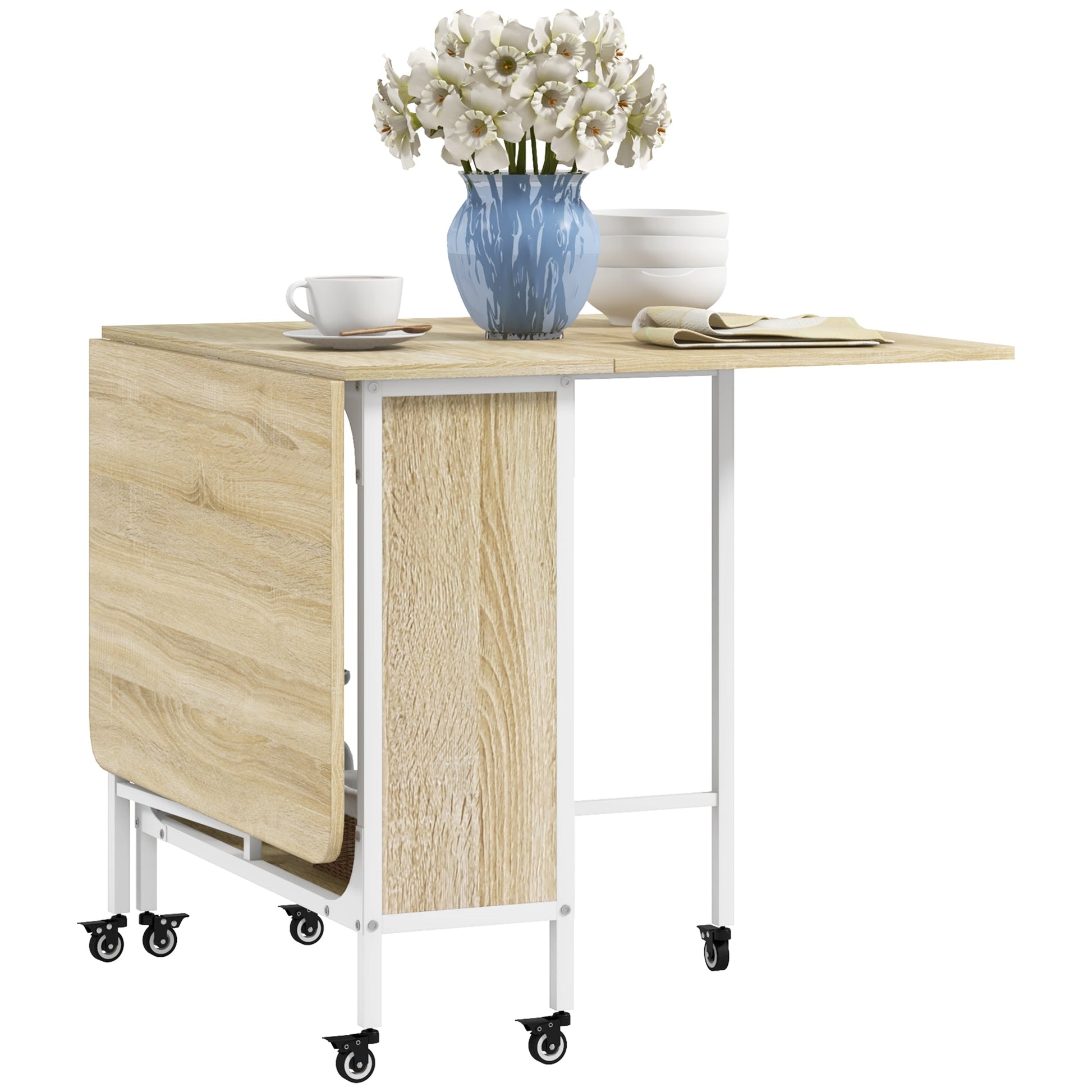 Mobile Drop Leaf Table, Folding Dining Table with 6 Wheels & Storage Shelf for Small Spaces, Kitchen, Dining Room, Natural Wood Finish