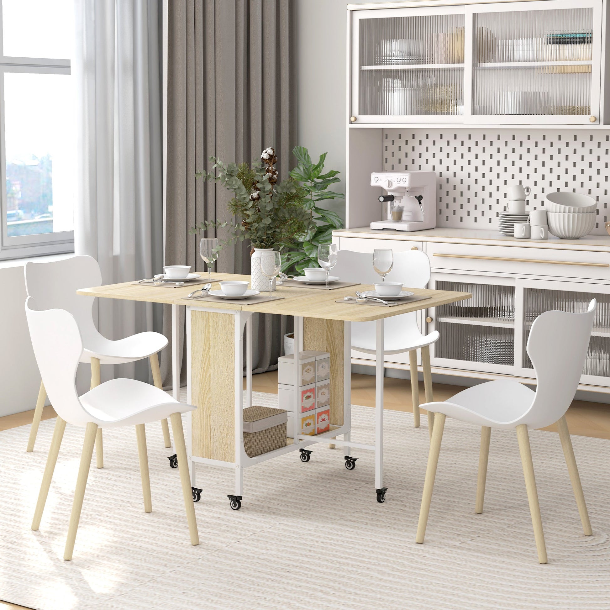 Mobile Drop Leaf Table, Folding Dining Table with 6 Wheels & Storage Shelf for Small Spaces, Kitchen, Dining Room, Natural Wood Finish