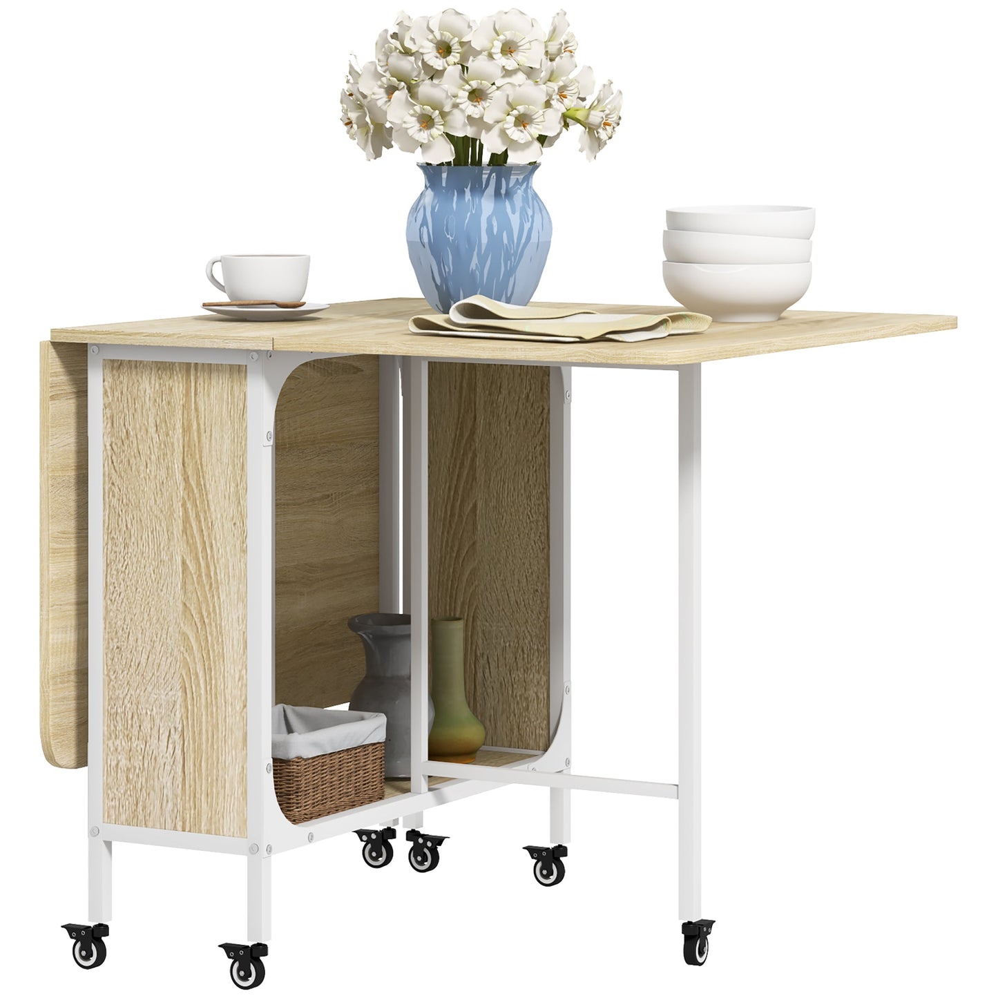 Mobile Drop Leaf Table, Folding Dining Table with 6 Wheels & Storage Shelf for Small Spaces, Kitchen, Dining Room, Natural Wood Finish