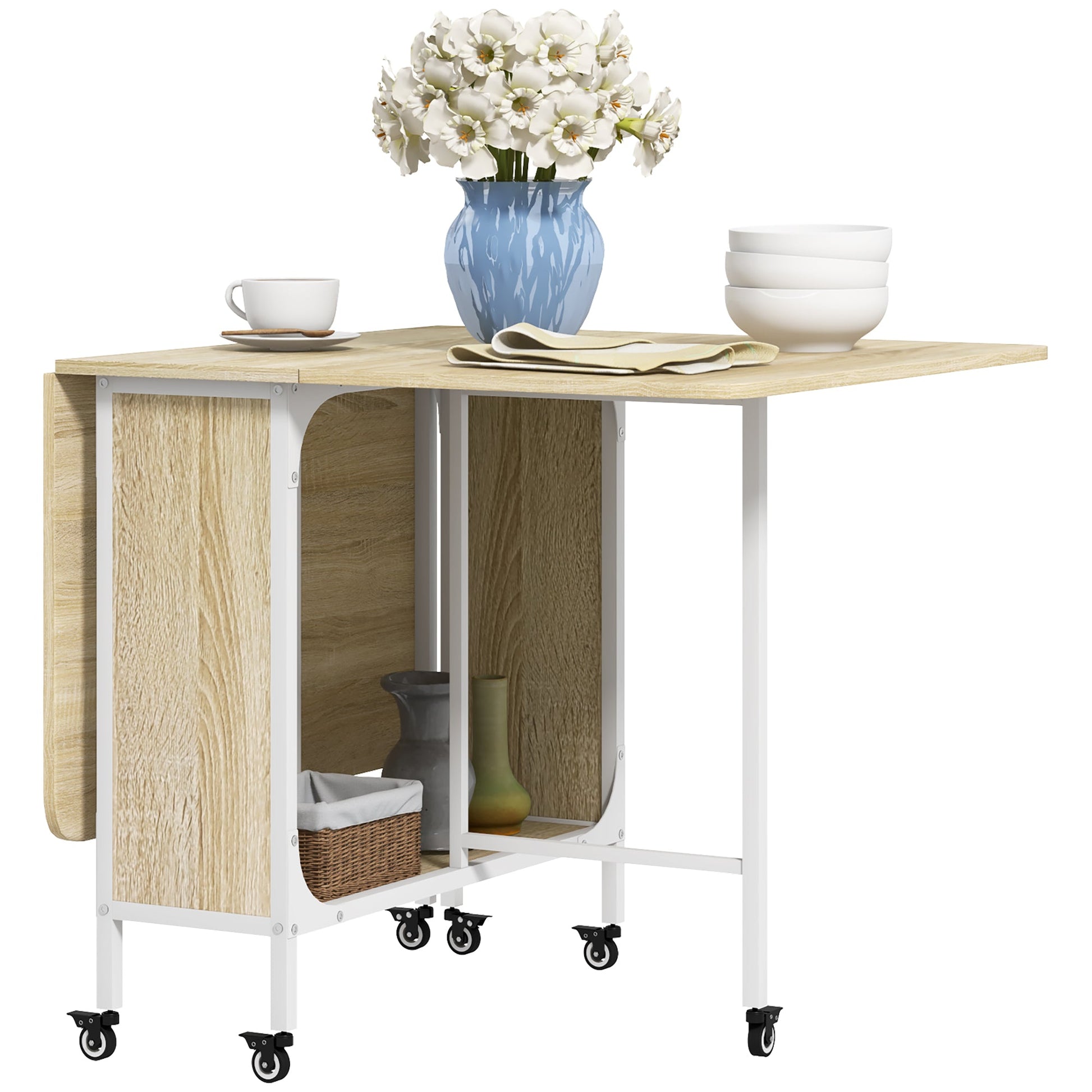 Mobile Drop Leaf Table, Folding Dining Table with 6 Wheels & Storage Shelf for Small Spaces, Kitchen, Dining Room, Natural Wood Finish