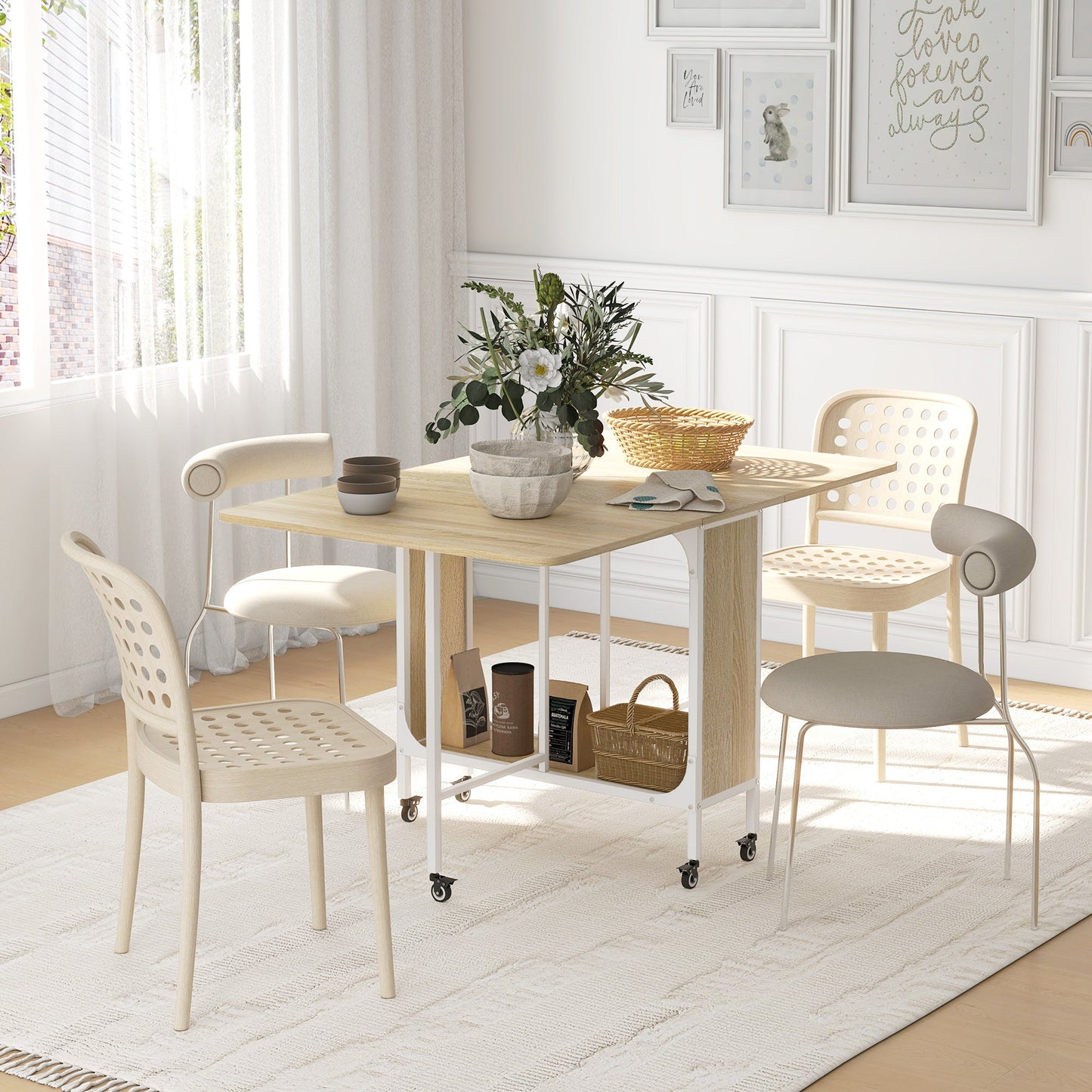 Mobile Drop Leaf Table, Folding Dining Table with 6 Wheels & Storage Shelf for Small Spaces, Kitchen, Dining Room, Natural Wood Finish