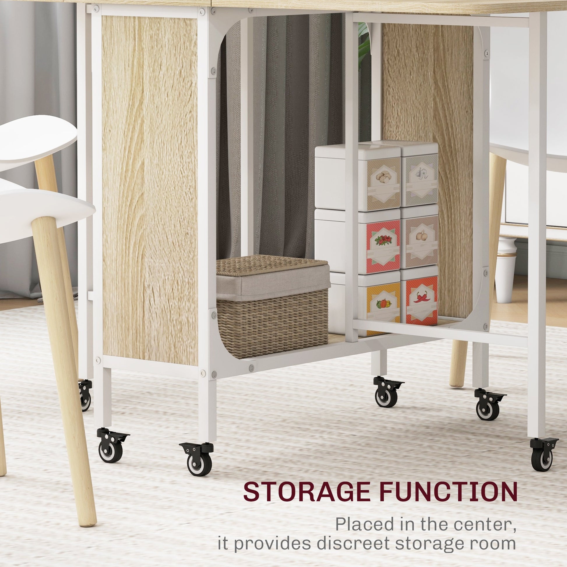 Mobile Drop Leaf Table, Folding Dining Table with 6 Wheels & Storage Shelf for Small Spaces, Kitchen, Dining Room, Natural Wood Finish