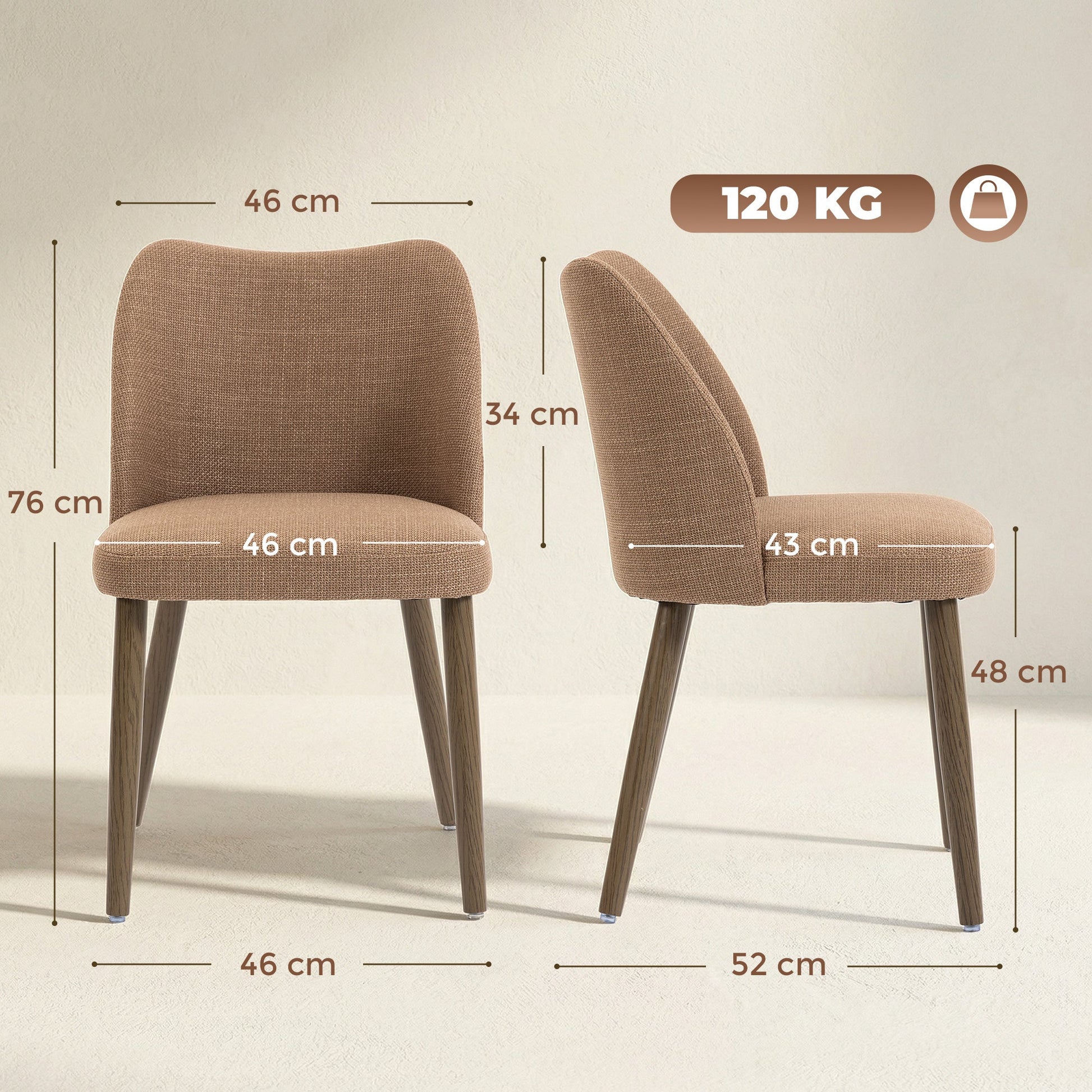 Dining Chairs Set of 2, Modern Linen Upholstered Kitchen Chairs with Padded Seat, Curved Backrest, Rubberwood Legs for Dining Room, Bedroom, Living Room, Easy Assembly, Brown