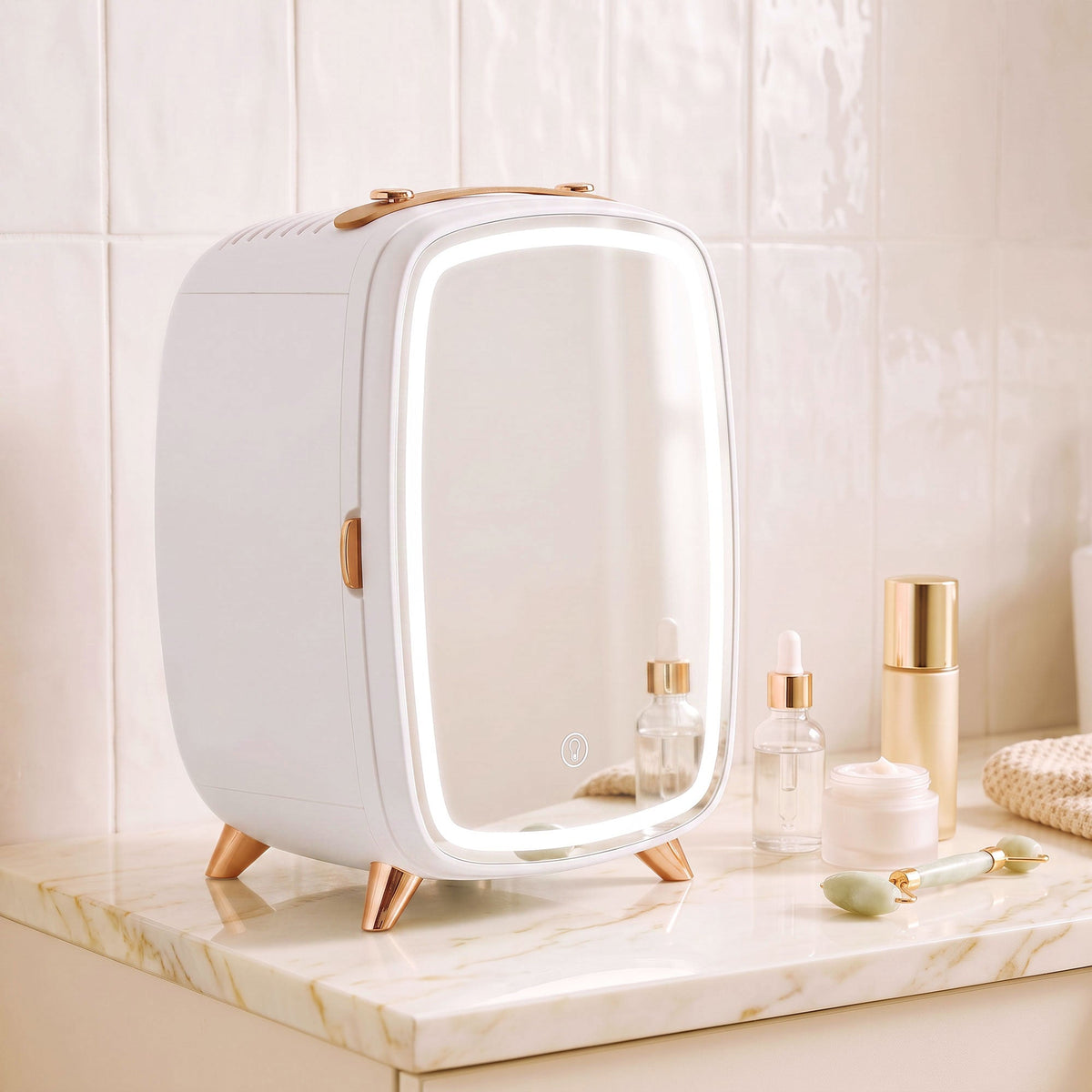 6L Mini Cosmetic Fridge with LED Mirror, Cooling Function, Skincare Refrigerator for Bedroom, Skincare, Office, White