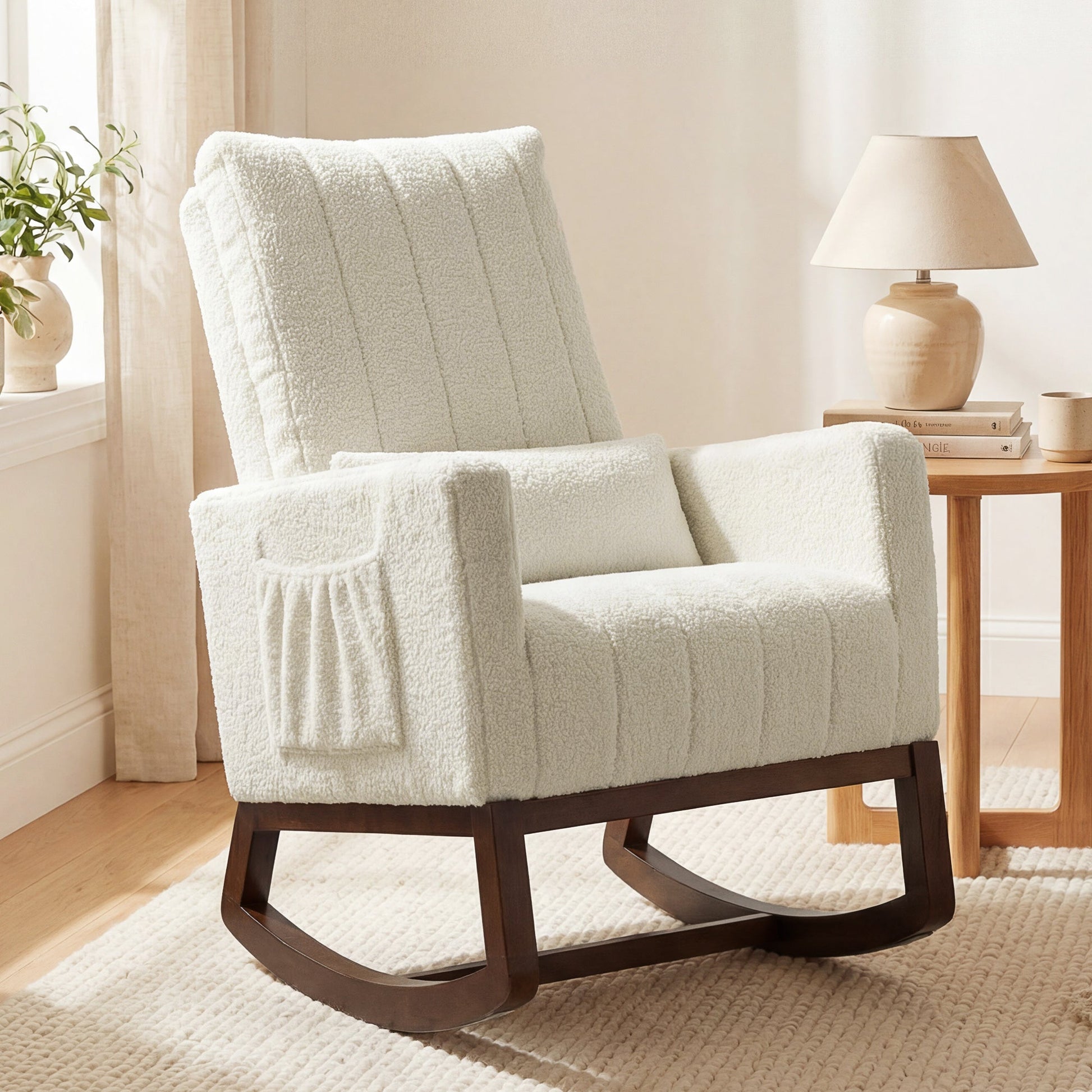 Rocking Chair for Adults, Snow Flannel Upholstered Accent Armchair with Lumbar Pillow, High Back, Wood Base, Side Pockets, Leisure Rocker Lounge Chair for Living Room, Bedroom, Cream White