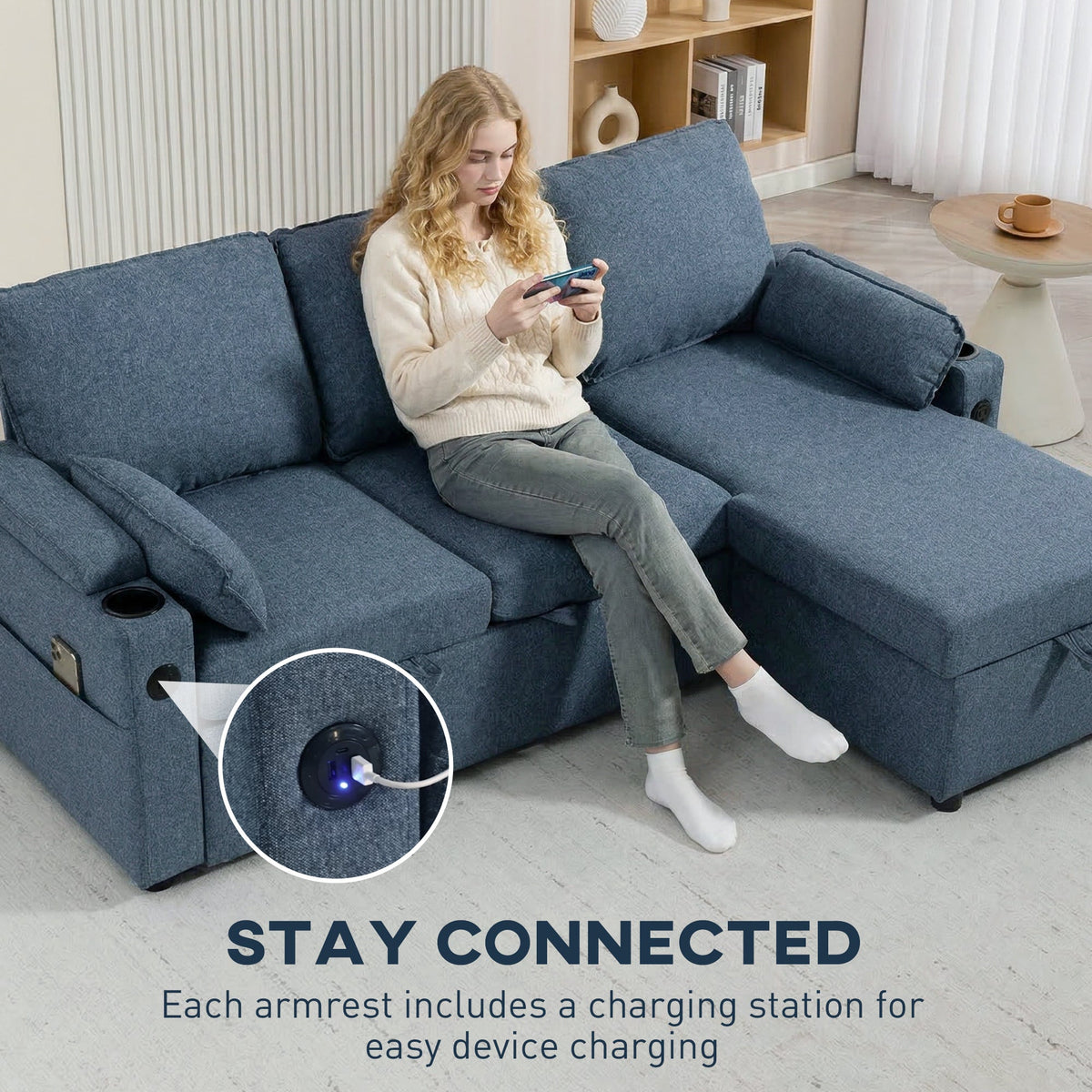 Corner Sofa Bed, L Shaped Sleeper Sectional Sofa with Reversible Storage Chaise, 3 Seater Convertible Pull Out Sofa Bed with Spring Seat, USB Ports, Cup Holders, Pillows for Living Room, Blue
