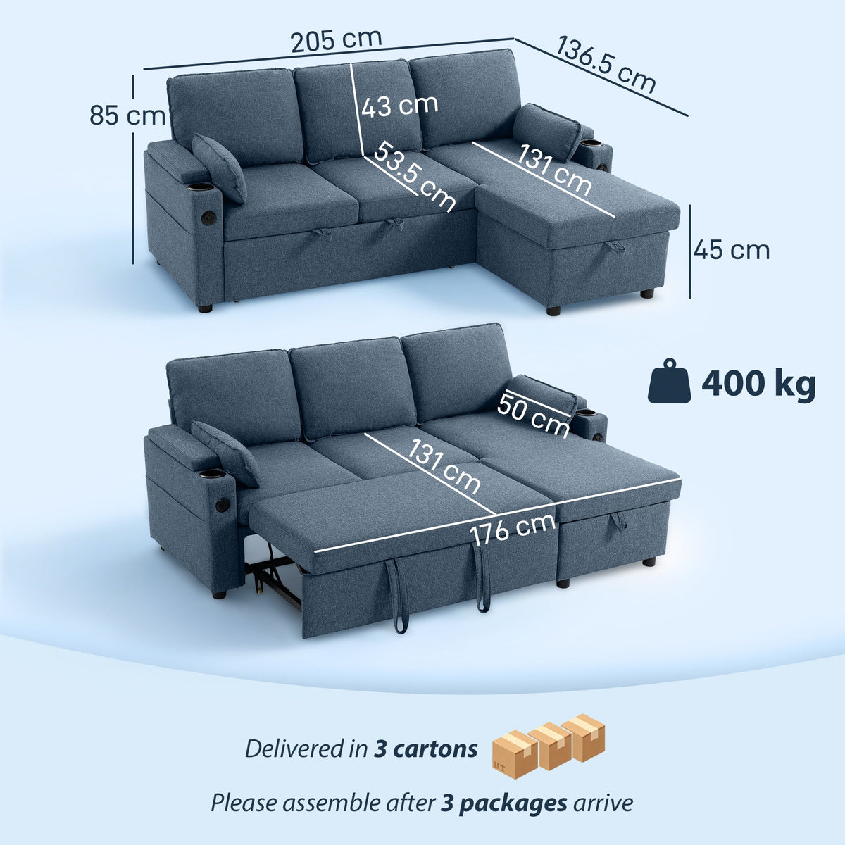 Corner Sofa Bed, L Shaped Sleeper Sectional Sofa with Reversible Storage Chaise, 3 Seater Convertible Pull Out Sofa Bed with Spring Seat, USB Ports, Cup Holders, Pillows for Living Room, Blue