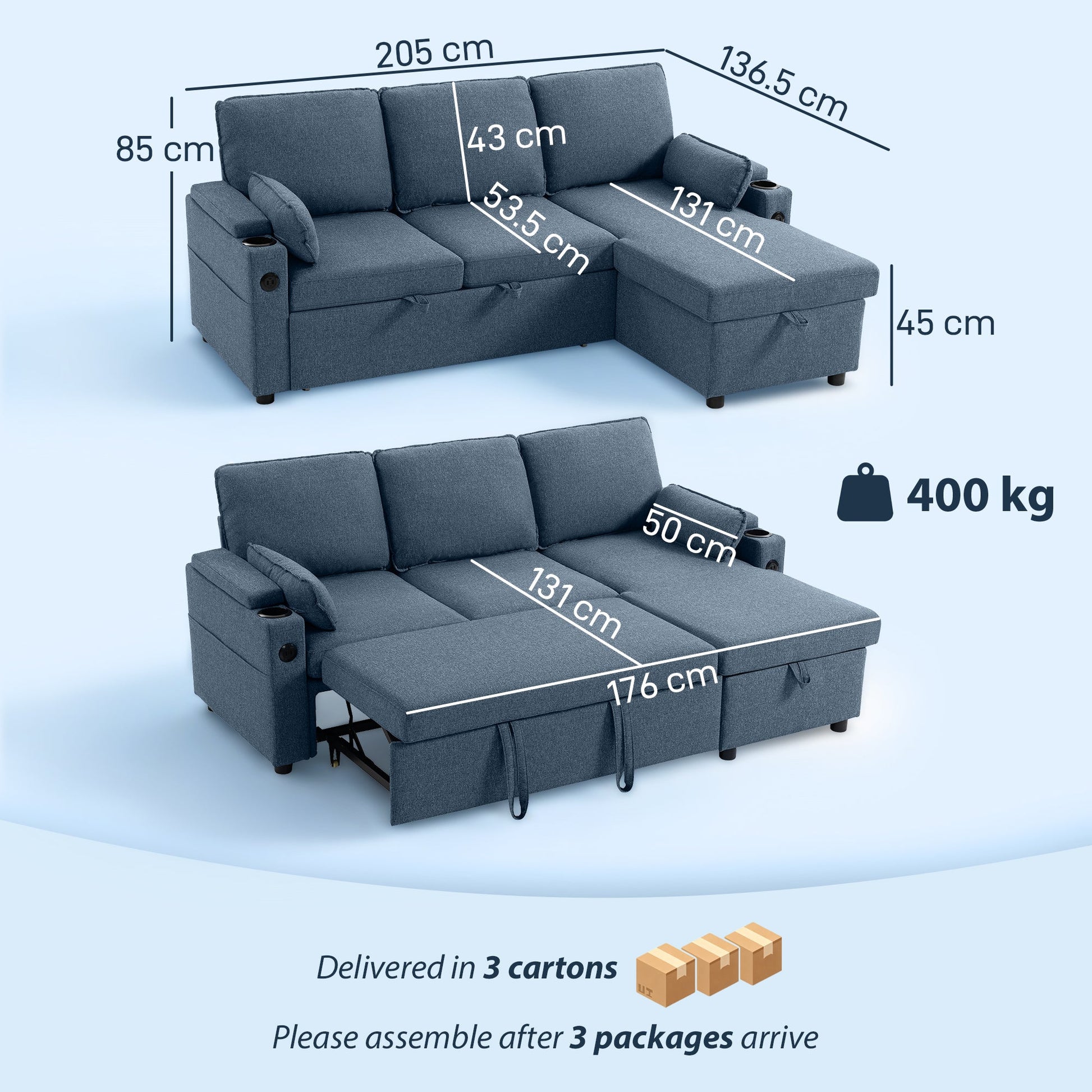 Corner Sofa Bed, L Shaped Sleeper Sectional Sofa with Reversible Storage Chaise, 3 Seater Convertible Pull Out Sofa Bed with Spring Seat, USB Ports, Cup Holders, Pillows for Living Room, Blue
