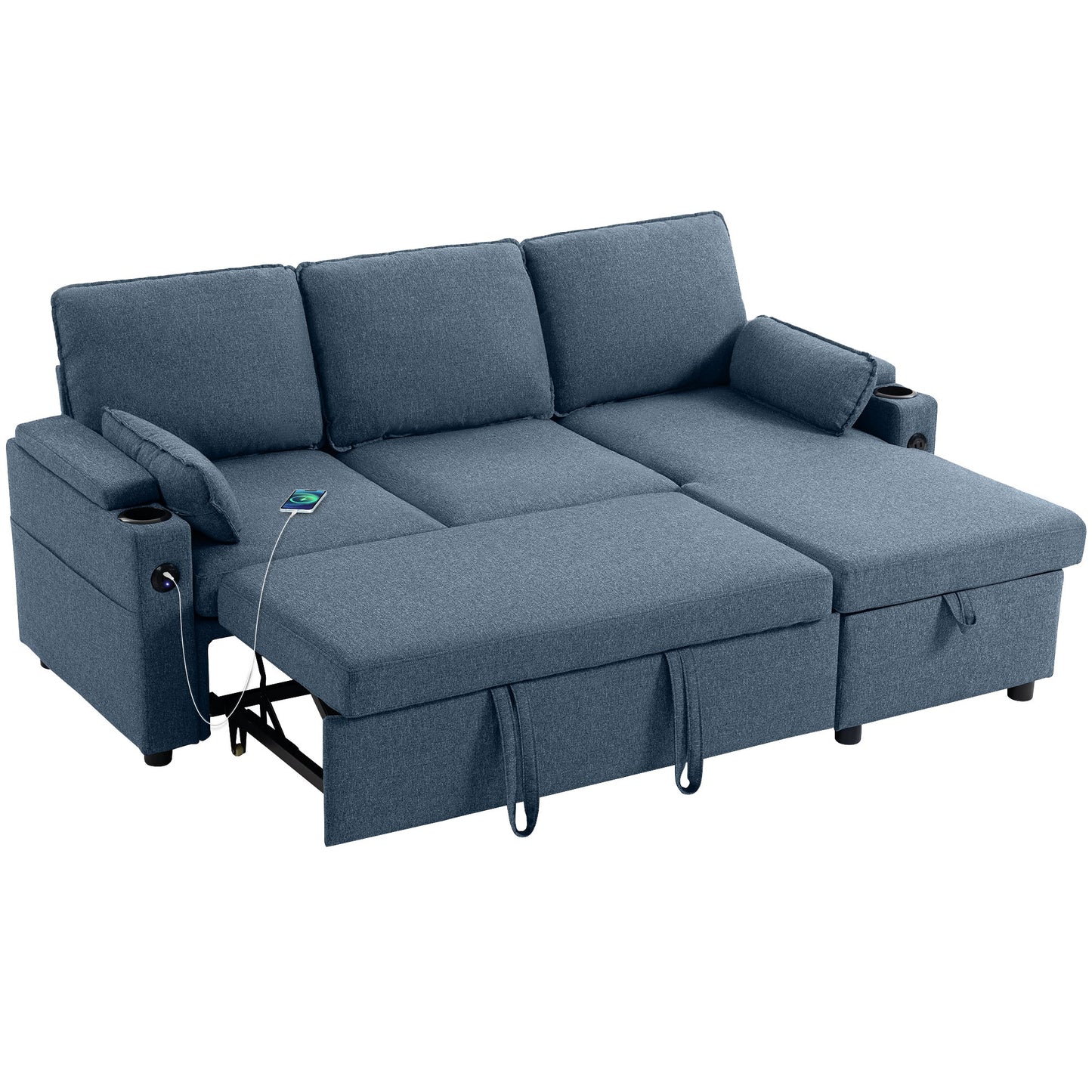 Corner Sofa Bed, L Shaped Sleeper Sectional Sofa with Reversible Storage Chaise, 3 Seater Convertible Pull Out Sofa Bed with Spring Seat, USB Ports, Cup Holders, Pillows for Living Room, Blue