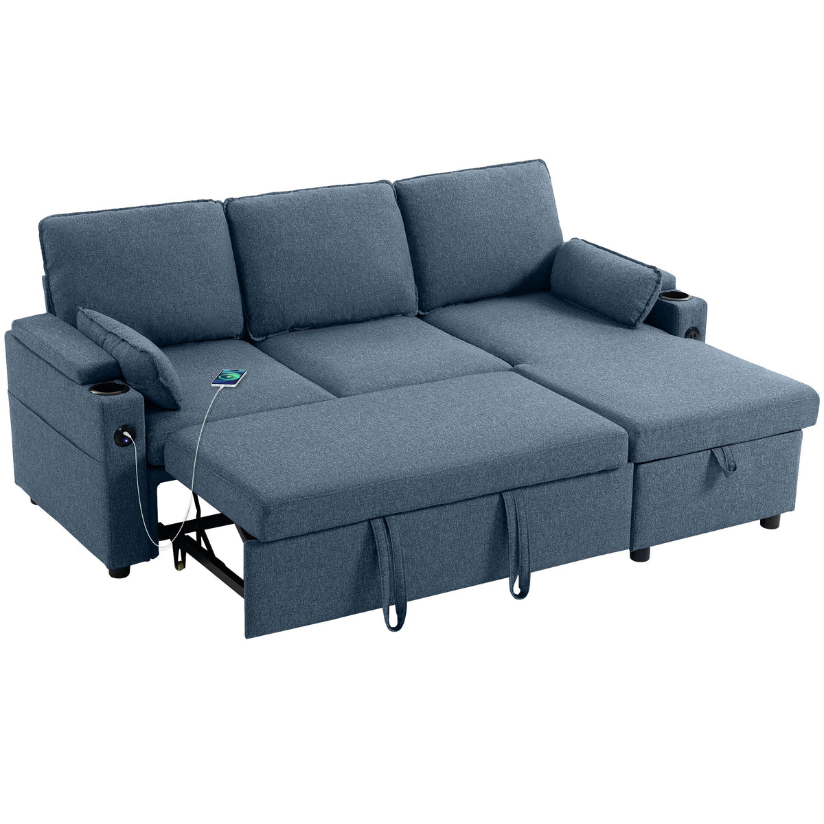 Corner Sofa Bed, L Shaped Sleeper Sectional Sofa with Reversible Storage Chaise, 3 Seater Convertible Pull Out Sofa Bed with Spring Seat, USB Ports, Cup Holders, Pillows for Living Room, Blue