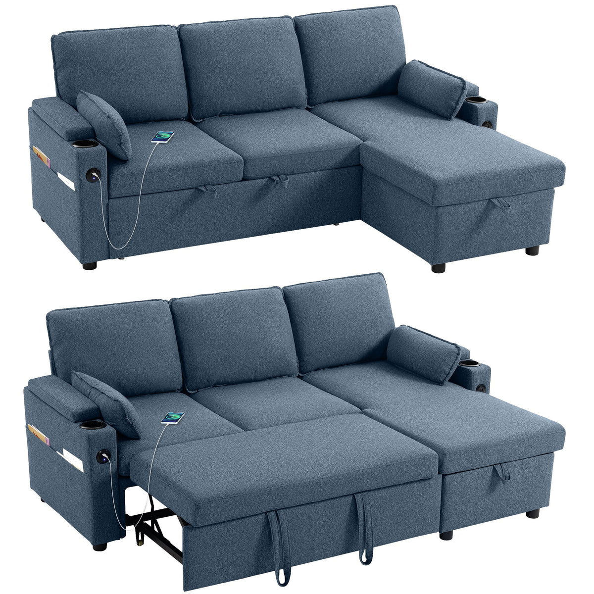 Corner Sofa Bed, L Shaped Sleeper Sectional Sofa with Reversible Storage Chaise, 3 Seater Convertible Pull Out Sofa Bed with Spring Seat, USB Ports, Cup Holders, Pillows for Living Room, Blue