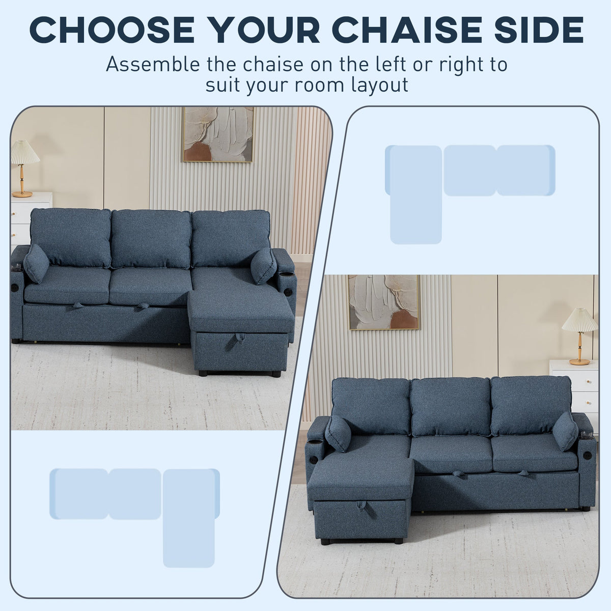 Corner Sofa Bed, L Shaped Sleeper Sectional Sofa with Reversible Storage Chaise, 3 Seater Convertible Pull Out Sofa Bed with Spring Seat, USB Ports, Cup Holders, Pillows for Living Room, Blue