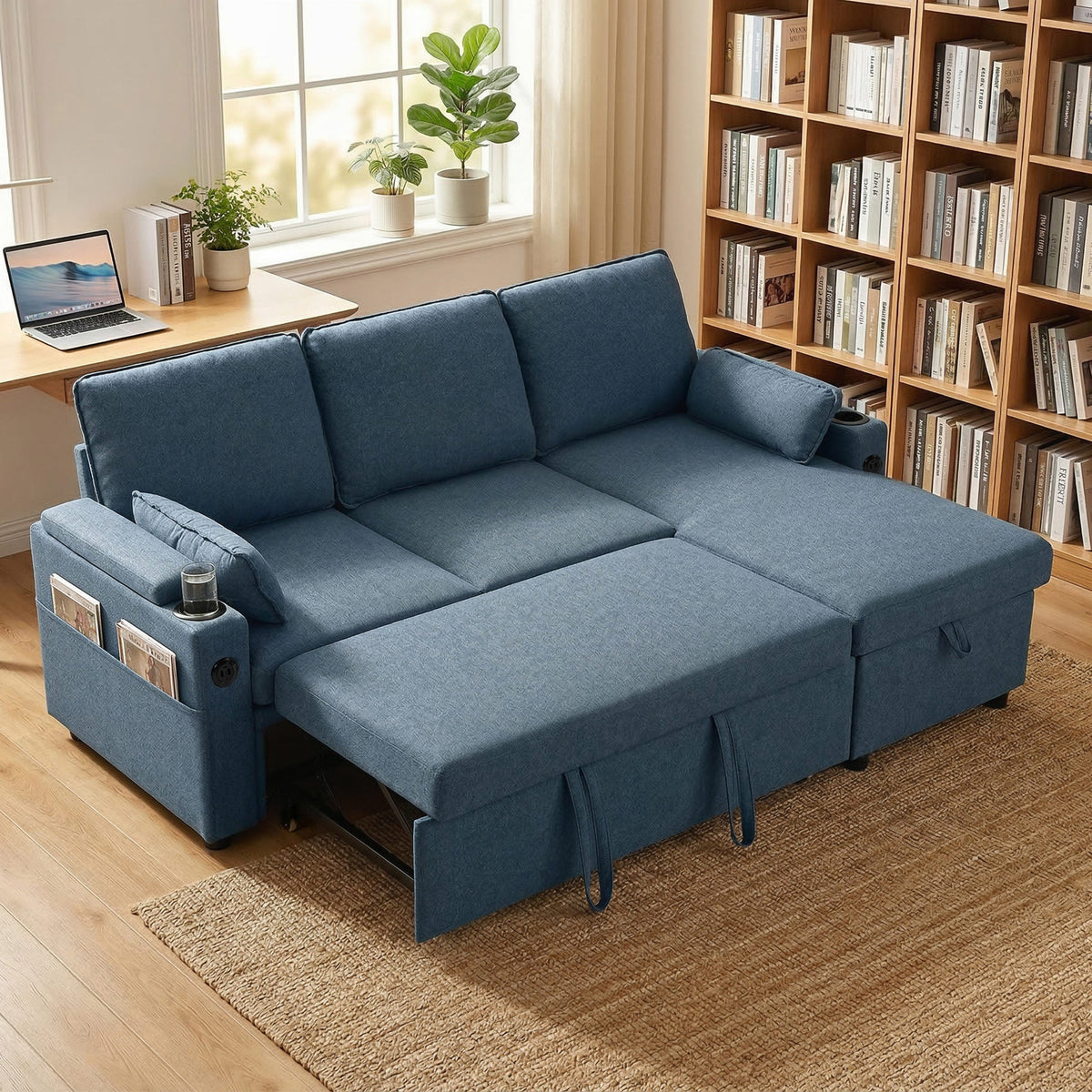 Corner Sofa Bed, L Shaped Sleeper Sectional Sofa with Reversible Storage Chaise, 3 Seater Convertible Pull Out Sofa Bed with Spring Seat, USB Ports, Cup Holders, Pillows for Living Room, Blue