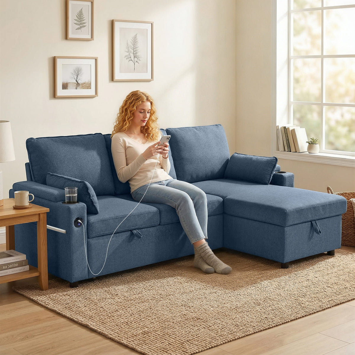 Corner Sofa Bed, L Shaped Sleeper Sectional Sofa with Reversible Storage Chaise, 3 Seater Convertible Pull Out Sofa Bed with Spring Seat, USB Ports, Cup Holders, Pillows for Living Room, Blue