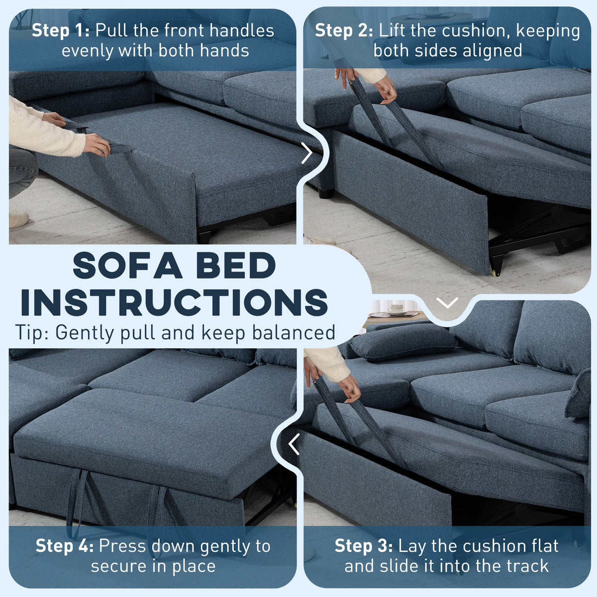 Corner Sofa Bed, L Shaped Sleeper Sectional Sofa with Reversible Storage Chaise, 3 Seater Convertible Pull Out Sofa Bed with Spring Seat, USB Ports, Cup Holders, Pillows for Living Room, Blue