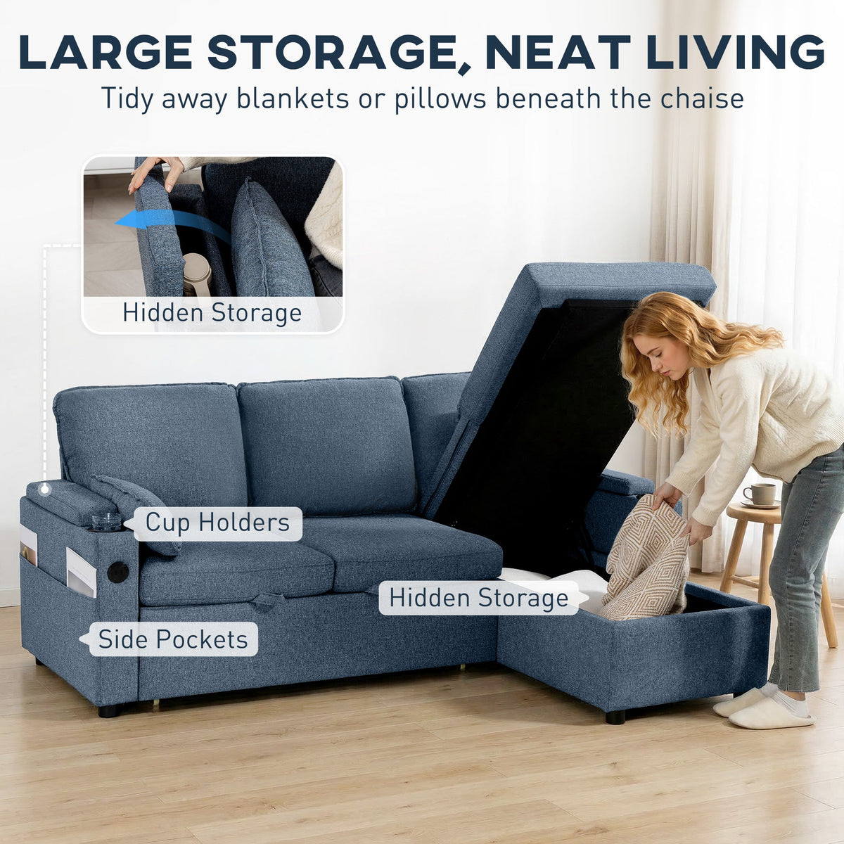 Corner Sofa Bed, L Shaped Sleeper Sectional Sofa with Reversible Storage Chaise, 3 Seater Convertible Pull Out Sofa Bed with Spring Seat, USB Ports, Cup Holders, Pillows for Living Room, Blue