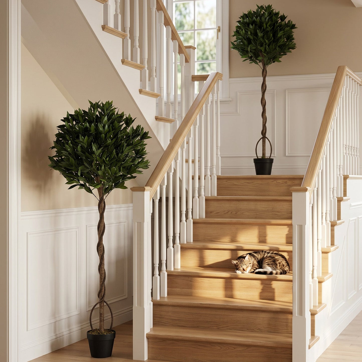 Artificial Bay Laurel Topiary Trees with Twisted Trunk, Realistic Lush Topiary Ball Tree with Weighted Pot, 150cm Indoor Greenery Plant for Home Office Decor, Set of 2, Green