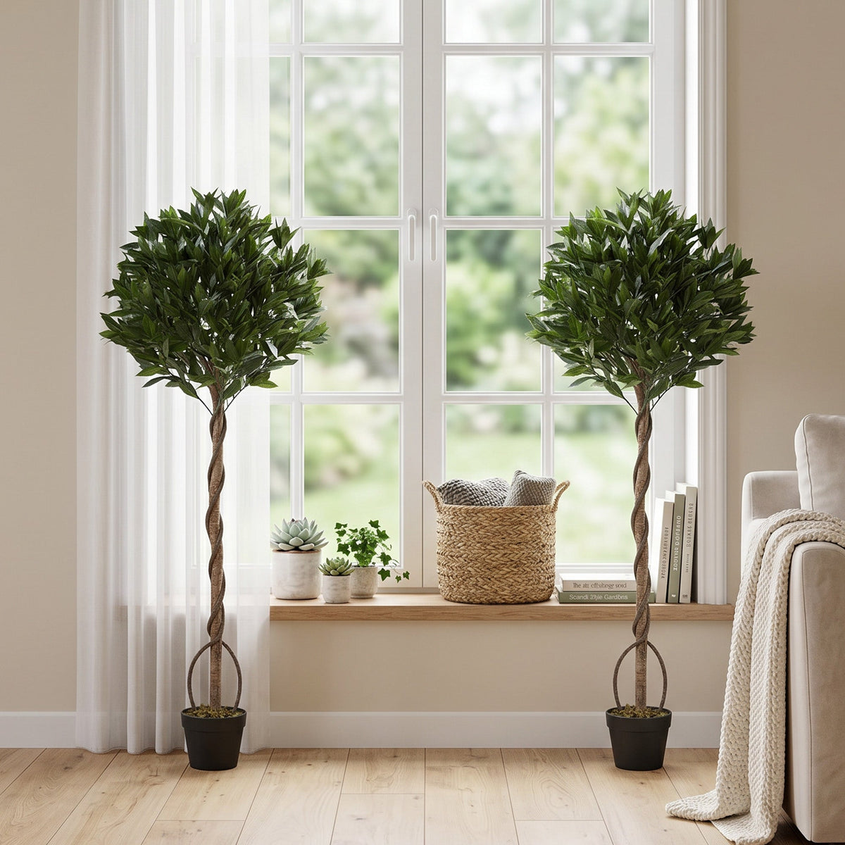 Artificial Bay Laurel Topiary Trees with Twisted Trunk, Realistic Lush Topiary Ball Tree with Weighted Pot, 150cm Indoor Greenery Plant for Home Office Decor, Set of 2, Green