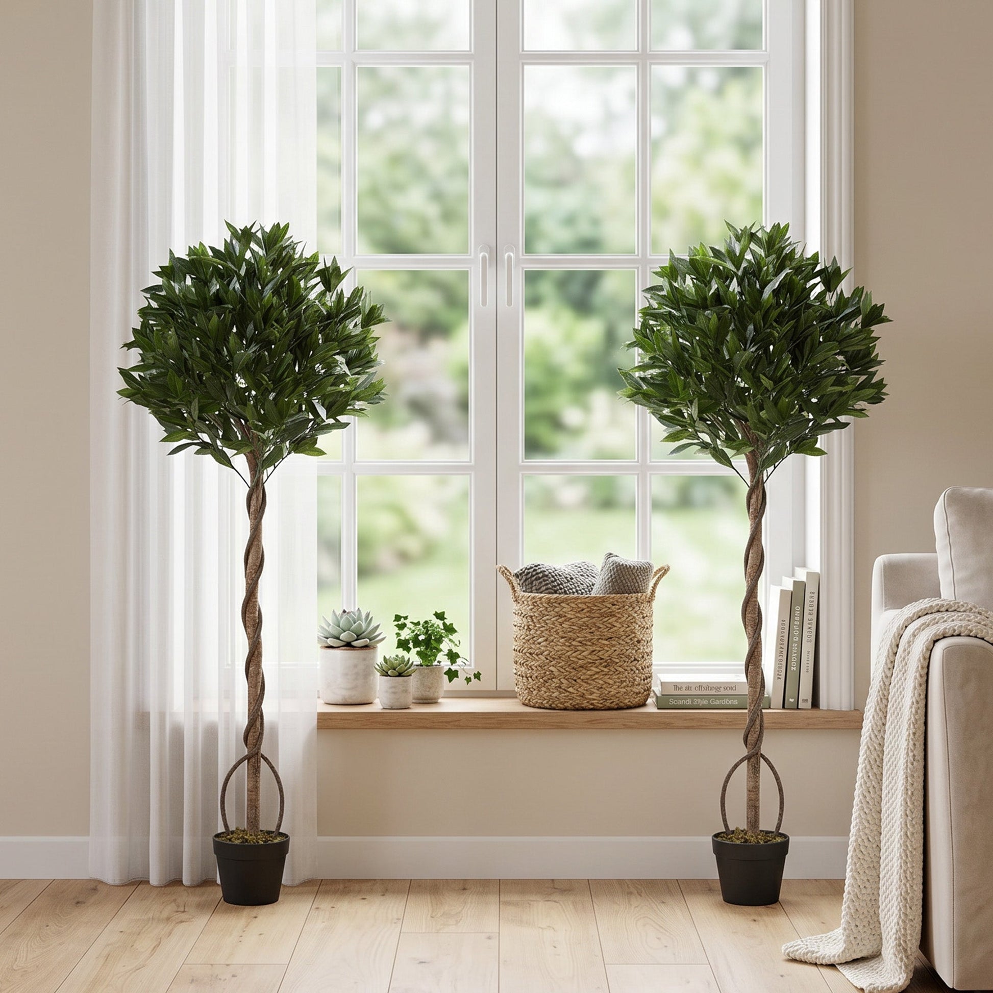 Artificial Bay Laurel Topiary Trees with Twisted Trunk, Realistic Lush Topiary Ball Tree with Weighted Pot, 150cm Indoor Greenery Plant for Home Office Decor, Set of 2, Green