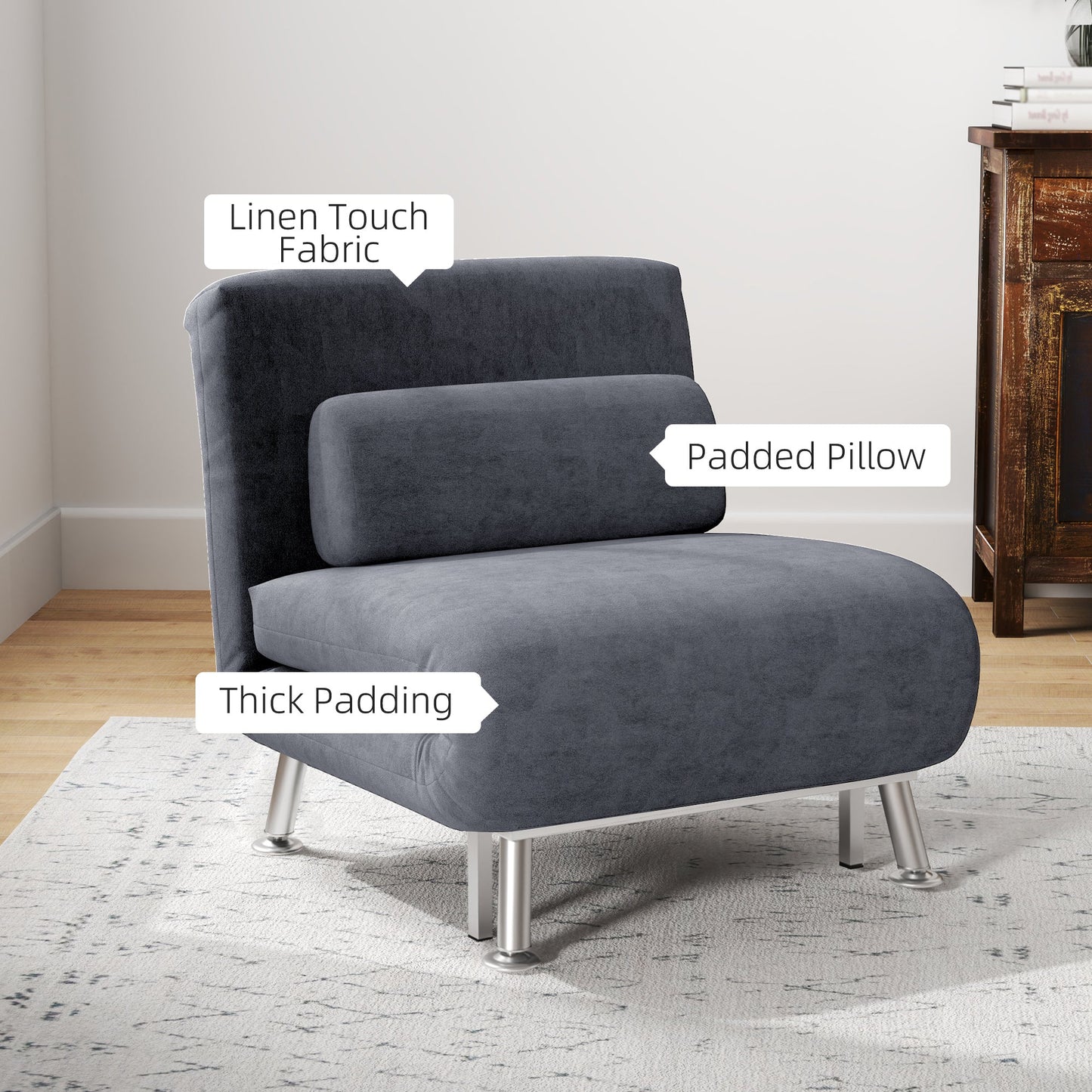 HOMCOM Velvet Single Chair Bed, 3-in-1 Convertible Sleeper Chair with Adjustable Backrest, Pillow, for Living Room, Bedroom, Charcoal Grey