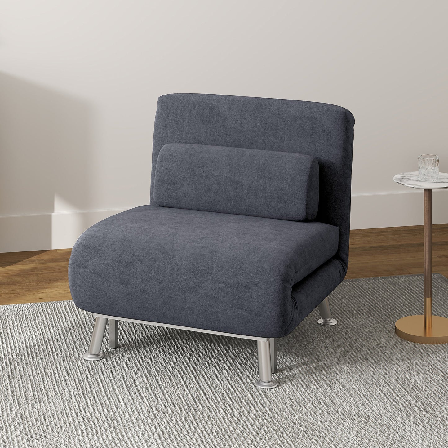 HOMCOM Velvet Single Chair Bed, 3-in-1 Convertible Sleeper Chair with Adjustable Backrest, Pillow, for Living Room, Bedroom, Charcoal Grey