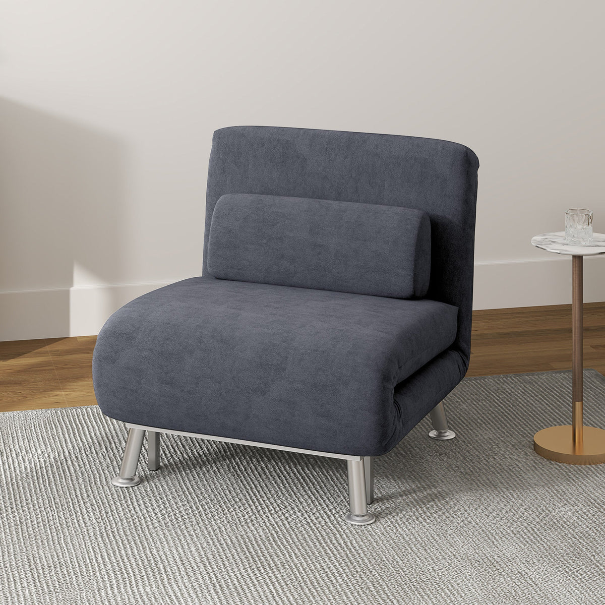 HOMCOM Velvet Single Chair Bed, 3-in-1 Convertible Sleeper Chair with Adjustable Backrest, Pillow, for Living Room, Bedroom, Charcoal Grey