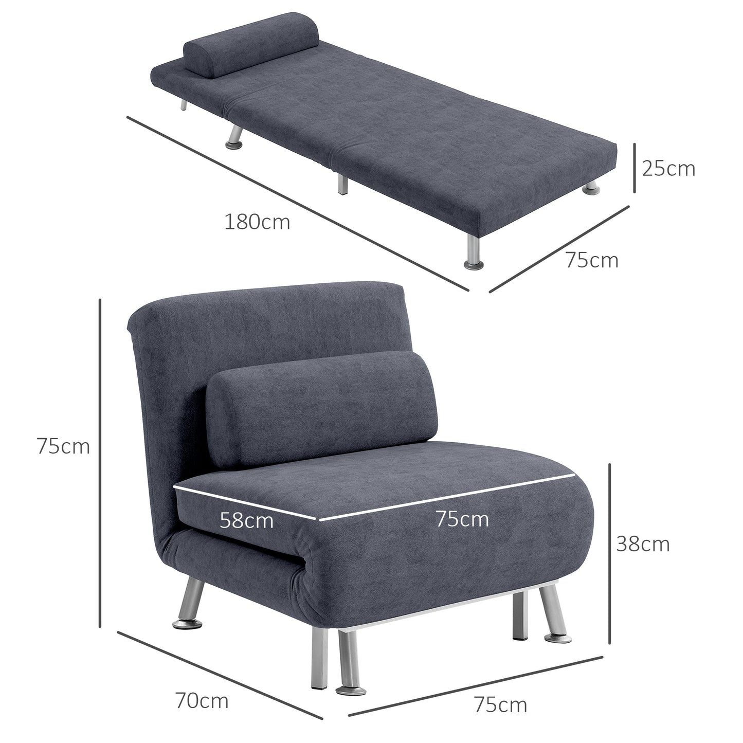 HOMCOM Velvet Single Chair Bed, 3-in-1 Convertible Sleeper Chair with Adjustable Backrest, Pillow, for Living Room, Bedroom, Charcoal Grey