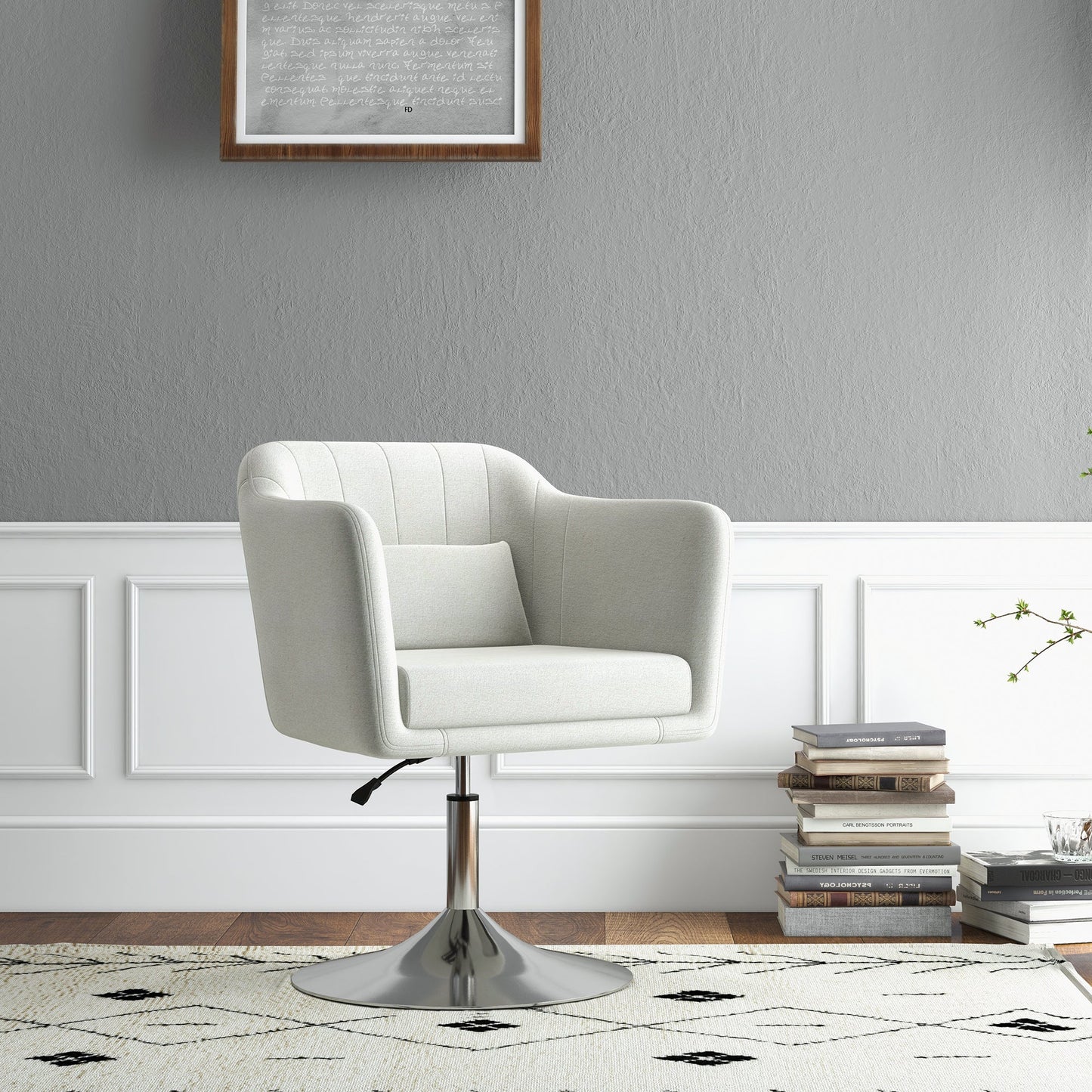 HOMCOM Swivel Linen Fabric Accent Chair for Living Room Contemporary Vanity Armchair with Adjustable Height Thick Cushion Lumbar Support Armrest for Bedroom Office Cream White