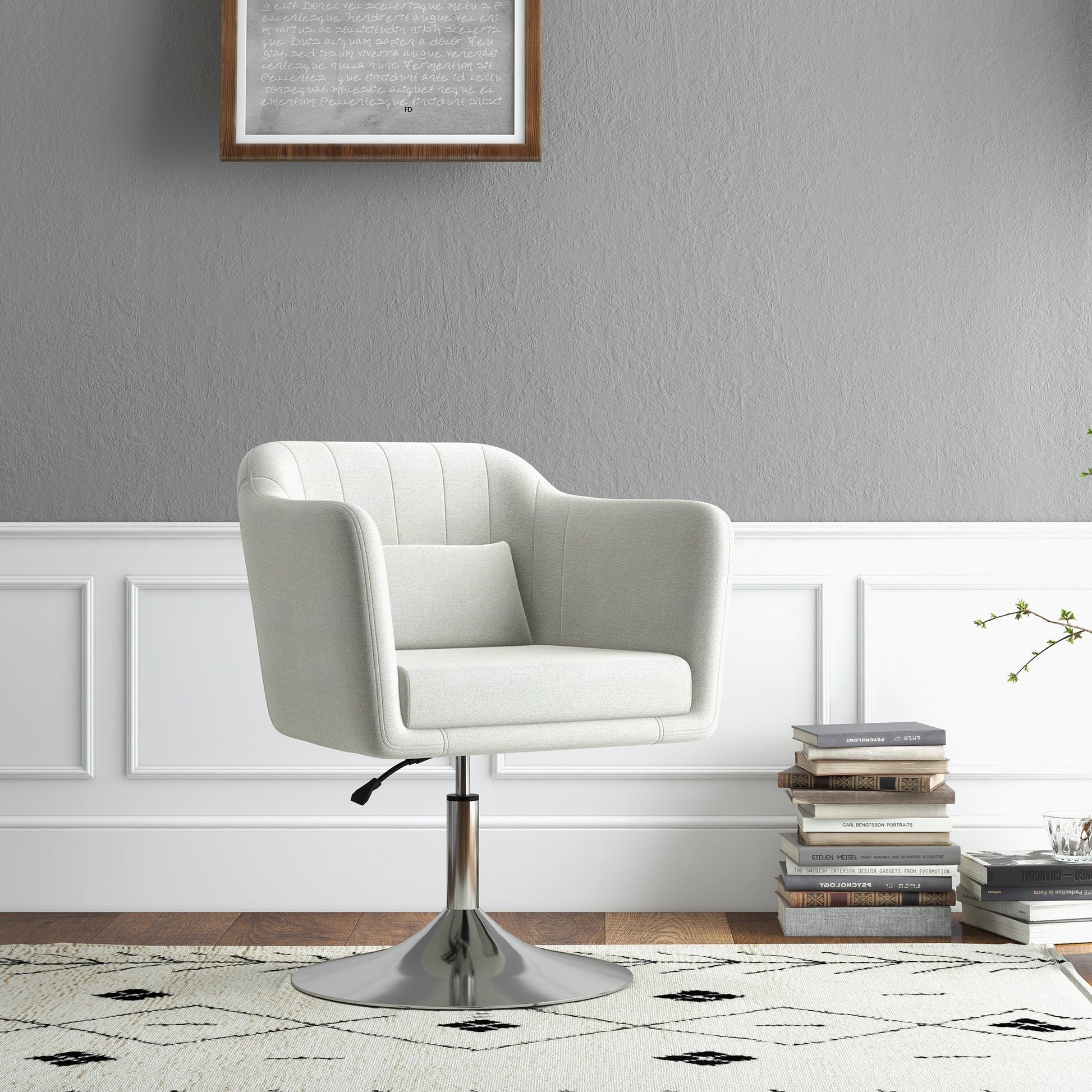 HOMCOM Swivel Linen Fabric Accent Chair for Living Room Contemporary Vanity Armchair with Adjustable Height Thick Cushion Lumbar Support Armrest for Bedroom Office Cream White