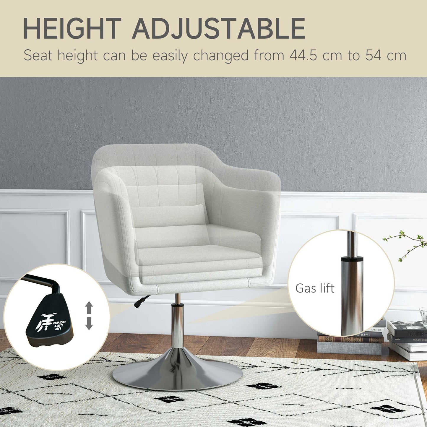 HOMCOM Swivel Linen Fabric Accent Chair for Living Room Contemporary Vanity Armchair with Adjustable Height Thick Cushion Lumbar Support Armrest for Bedroom Office Cream White
