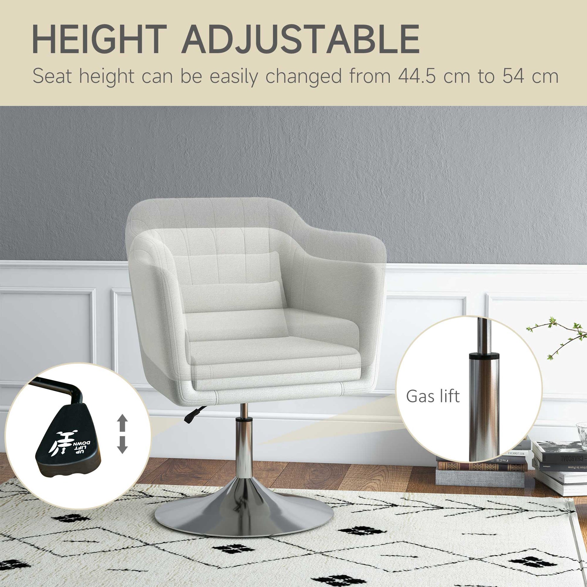 HOMCOM Swivel Linen Fabric Accent Chair for Living Room Contemporary Vanity Armchair with Adjustable Height Thick Cushion Lumbar Support Armrest for Bedroom Office Cream White