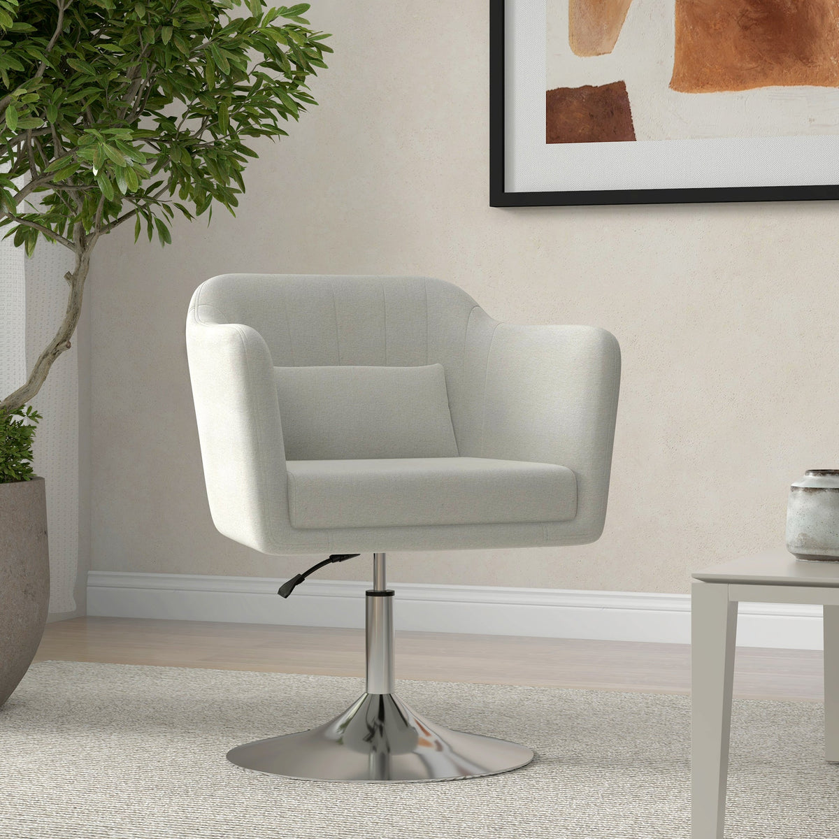 HOMCOM Swivel Linen Fabric Accent Chair for Living Room Contemporary Vanity Armchair with Adjustable Height Thick Cushion Lumbar Support Armrest for Bedroom Office Cream White