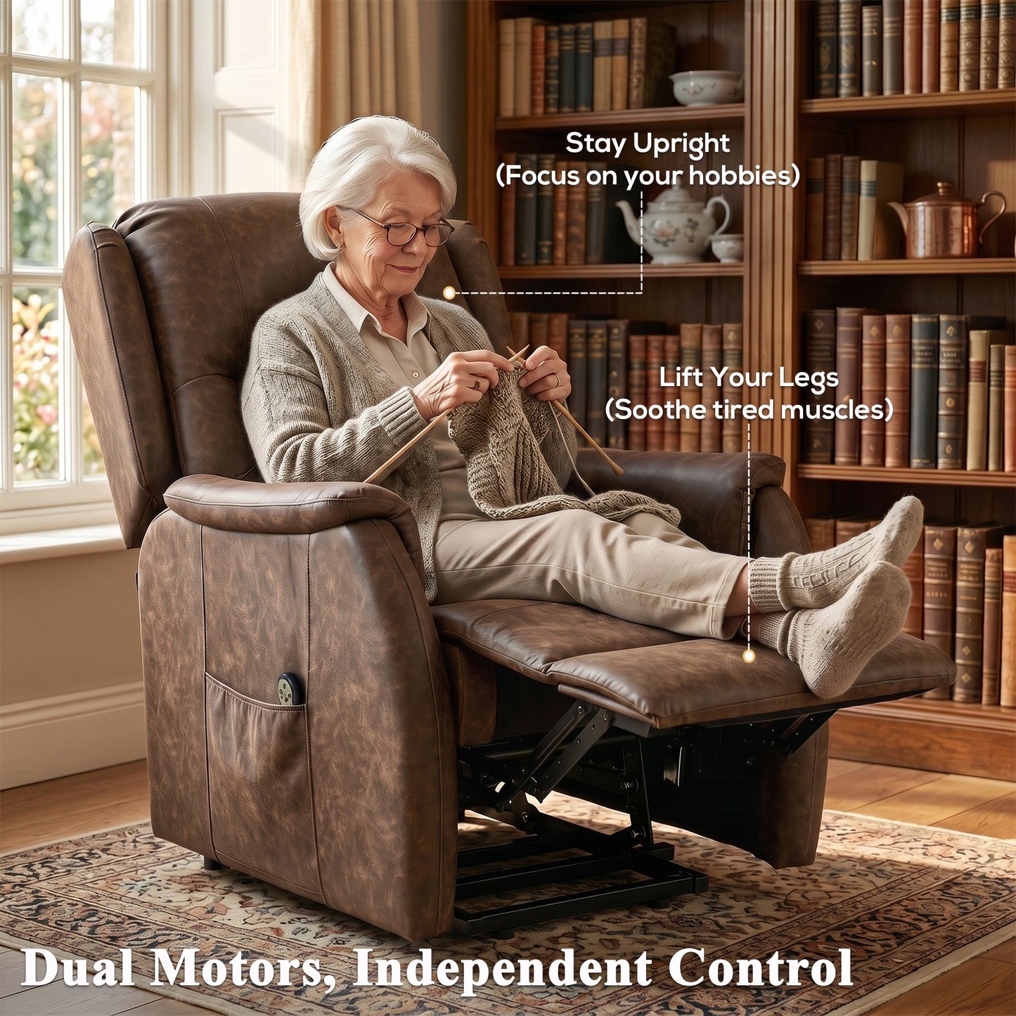Dual Motor Power Lift Recliner Chair, Electric Lift Chair for Elderly, Faux Leather Riser and Reclining Armchair with Remote Control, Side Pockets, for Living Room, Brown