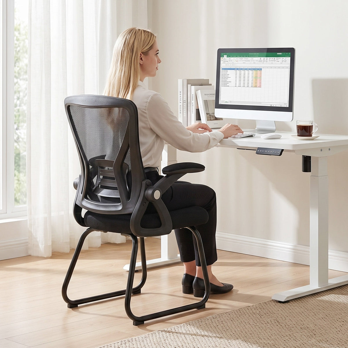 Desk Chair No Wheels with Flip-up Armrests, Mesh Office Chair with Steel Legs for Home Conference Room, Bedroom, Waiting, Reception, Black