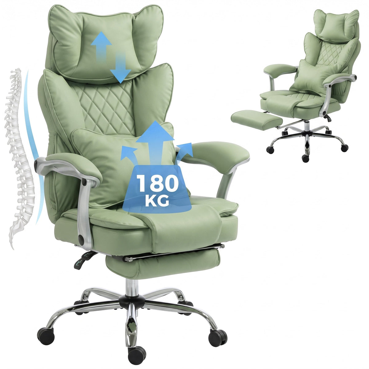 Executive Office Chair, 180kg Big and Tall PU Leather Desk Chair with Adjustable Headrest, Lumbar Support, Wide Seat, Reclining Back, Footrest, Swivel Wheels, Light Green
