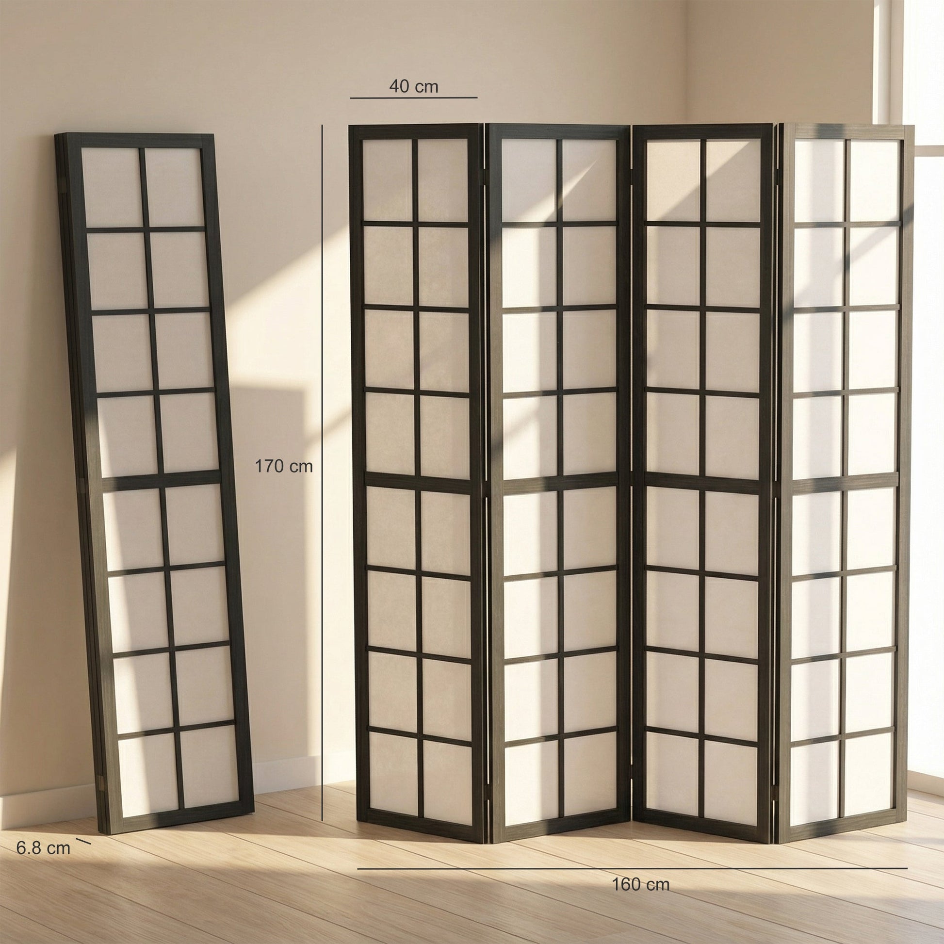 4 Panel Folding Room Divider, Freestanding Privacy Screen, Indoor Room Partition for Living Room, Bedroom and Office, 160 x 170cm