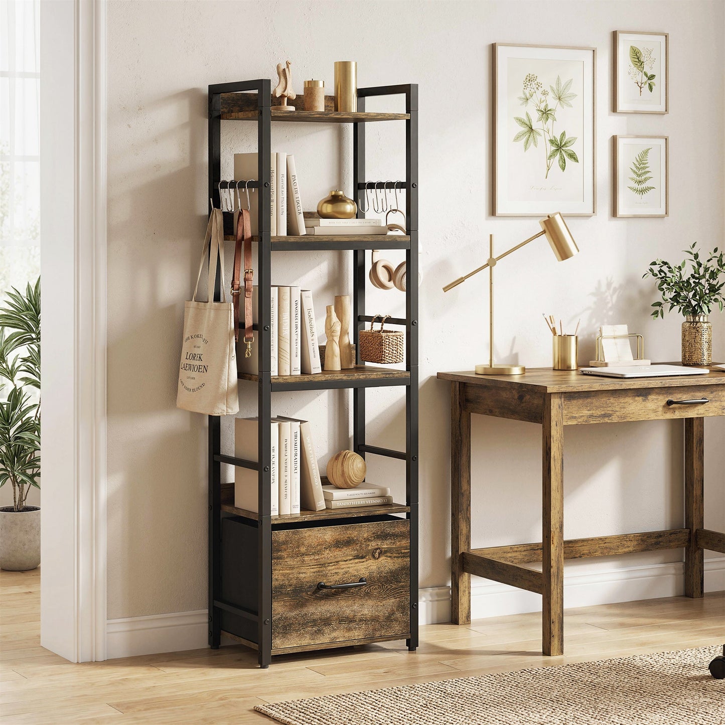 4-Tier Bookshelf, Narrow Bookcase with Drawer, 8 Hooks, Metal Frame, Shelving Unit for Living Room, Bedroom, Home Office, 39 x 26 x 136.5 cm, Rustic Brown
