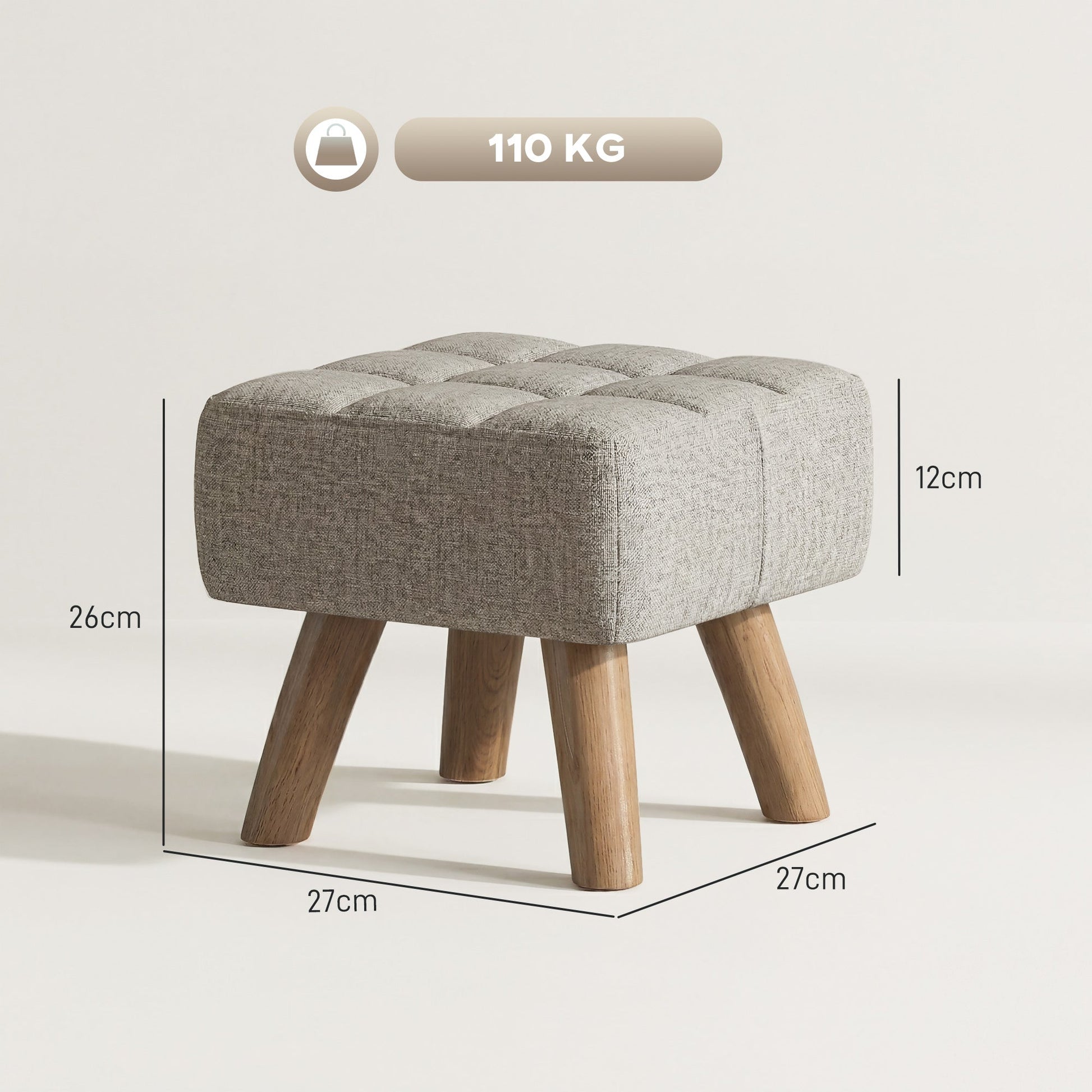 Modern Tufted Footstool, Fabric Foot Stool with Rubber Wood Legs, Padded Seat, for Living Room, Bedroom, Entryway, Light Brown