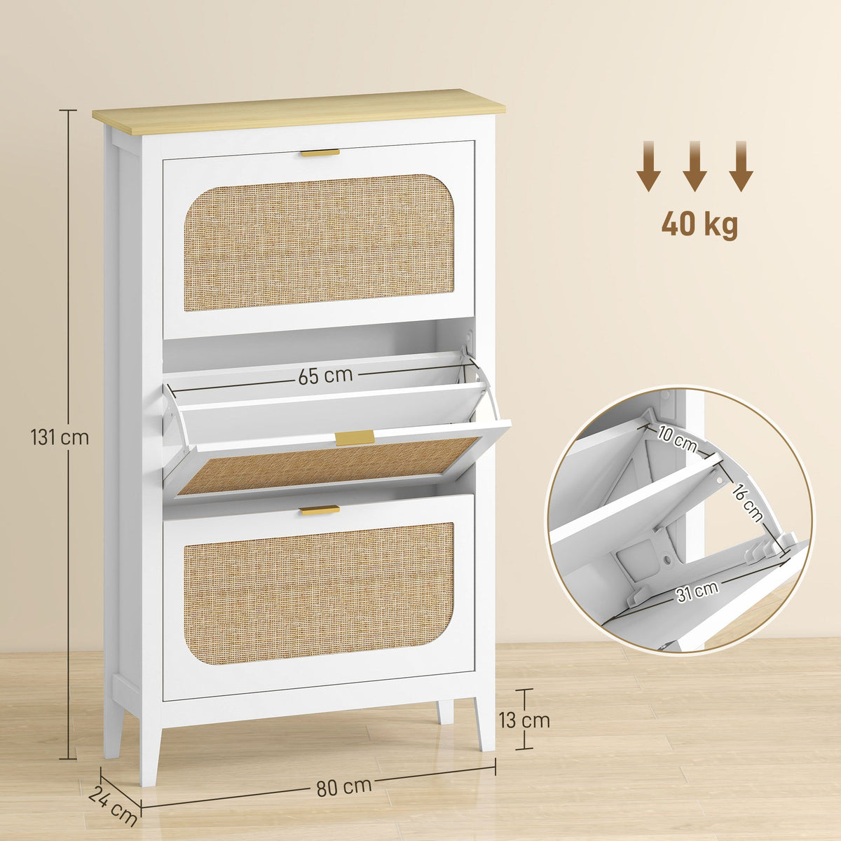 Shoe Storage Cabinet with 3 Flip Drawers, Boho Slim Shoe Cabinet with Rattan Doors for Entryway, Hallway, Holds 21 Pairs, White