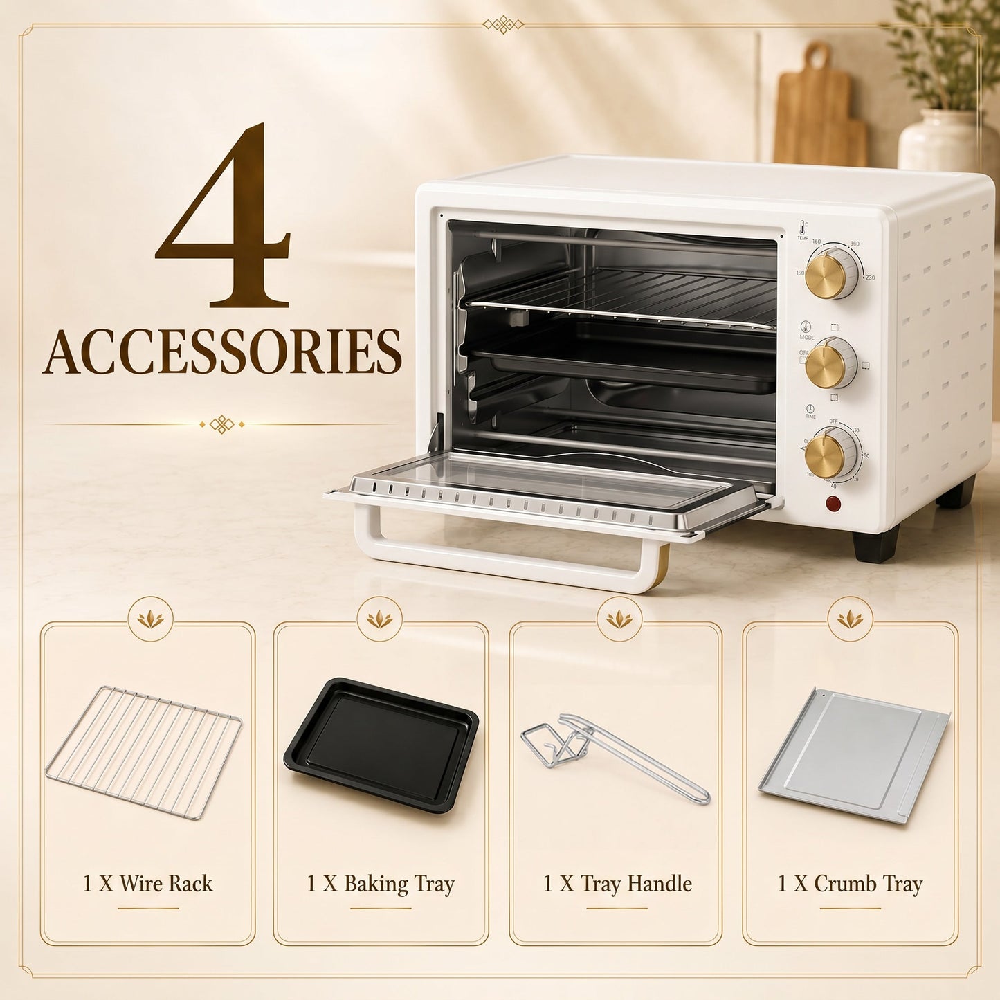 Mini Oven, 21L Countertop Electric Grill, Toaster Oven with Adjustable Temperature, Timer, Baking Tray and Wire Rack, 1400W, White