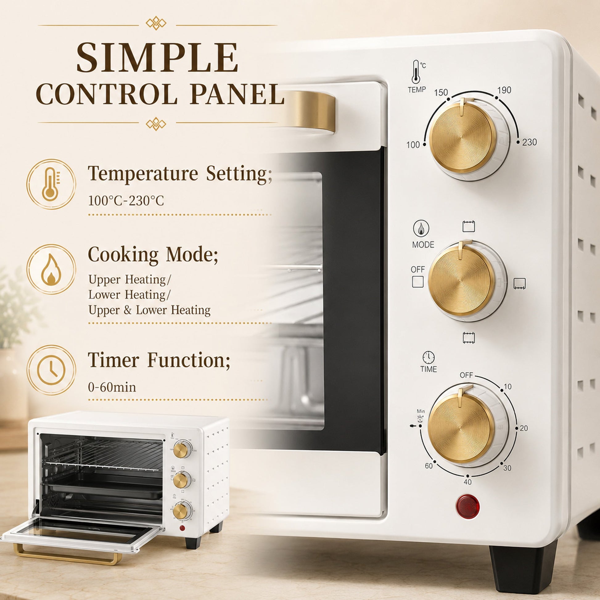 Mini Oven, 21L Countertop Electric Grill, Toaster Oven with Adjustable Temperature, Timer, Baking Tray and Wire Rack, 1400W, White