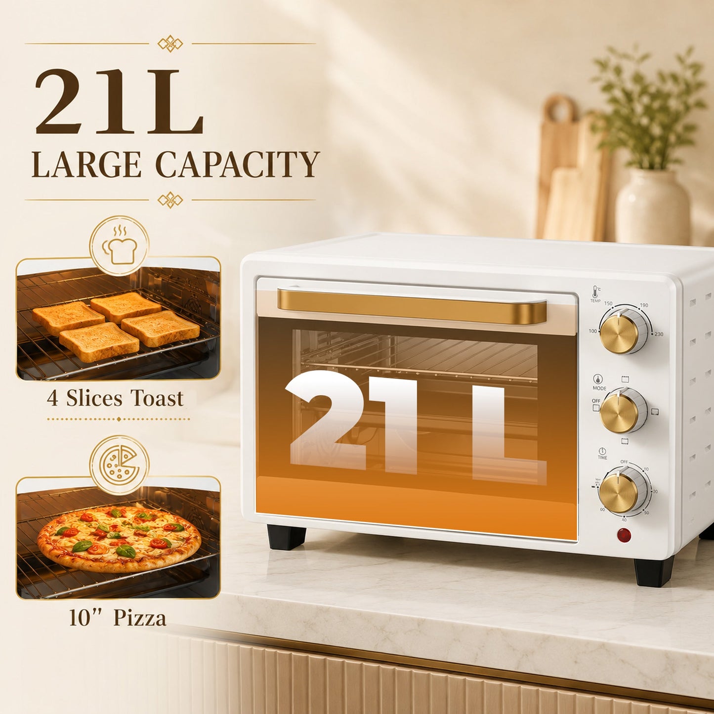 Mini Oven, 21L Countertop Electric Grill, Toaster Oven with Adjustable Temperature, Timer, Baking Tray and Wire Rack, 1400W, White