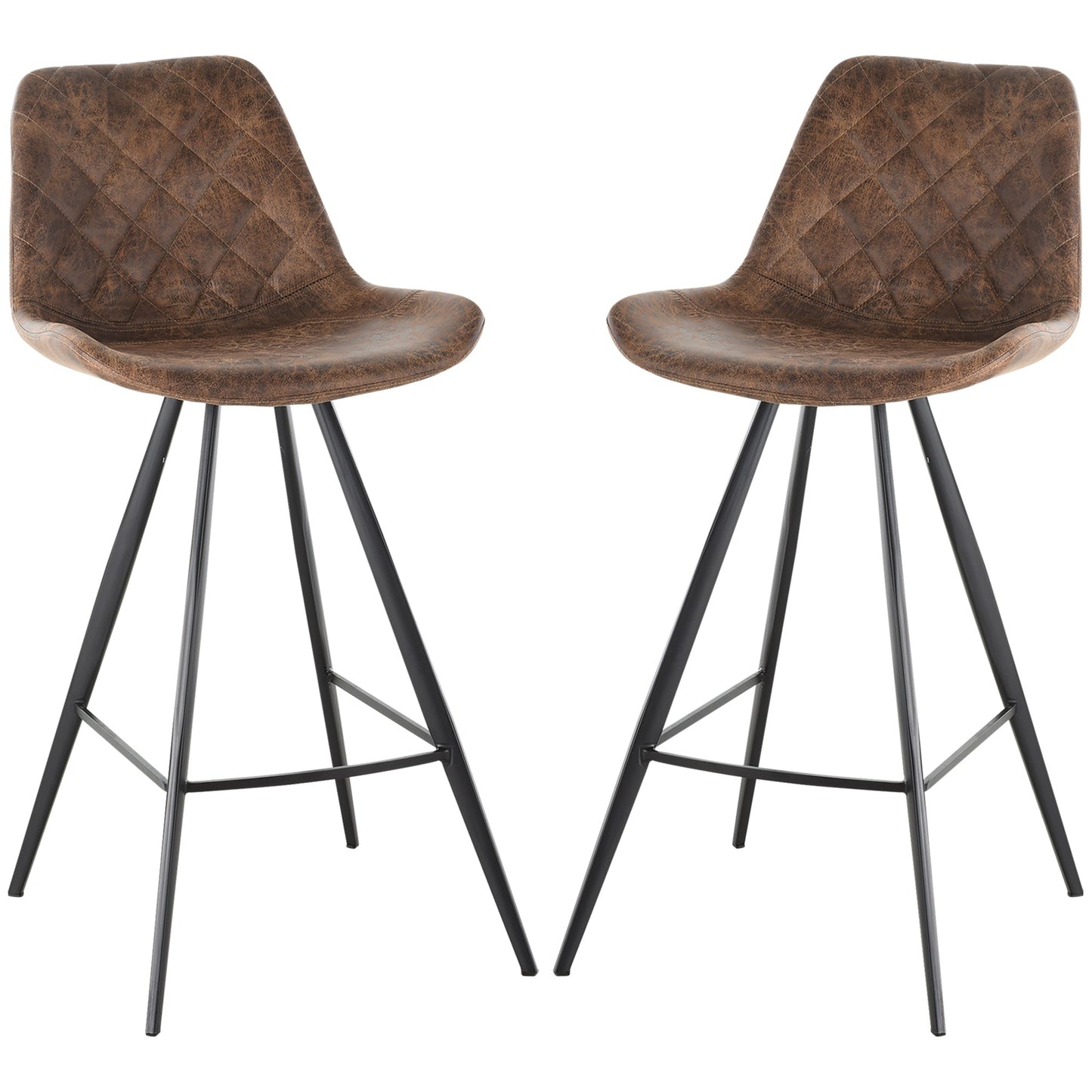 HOMCOM Set Of 2 Bar Stools Vintage Microfiber Cloth Tub Seats Padded Comfortable Steel Frame Footrest Quilted Home Bar Cafe Kitchen Chair Stylish Brown