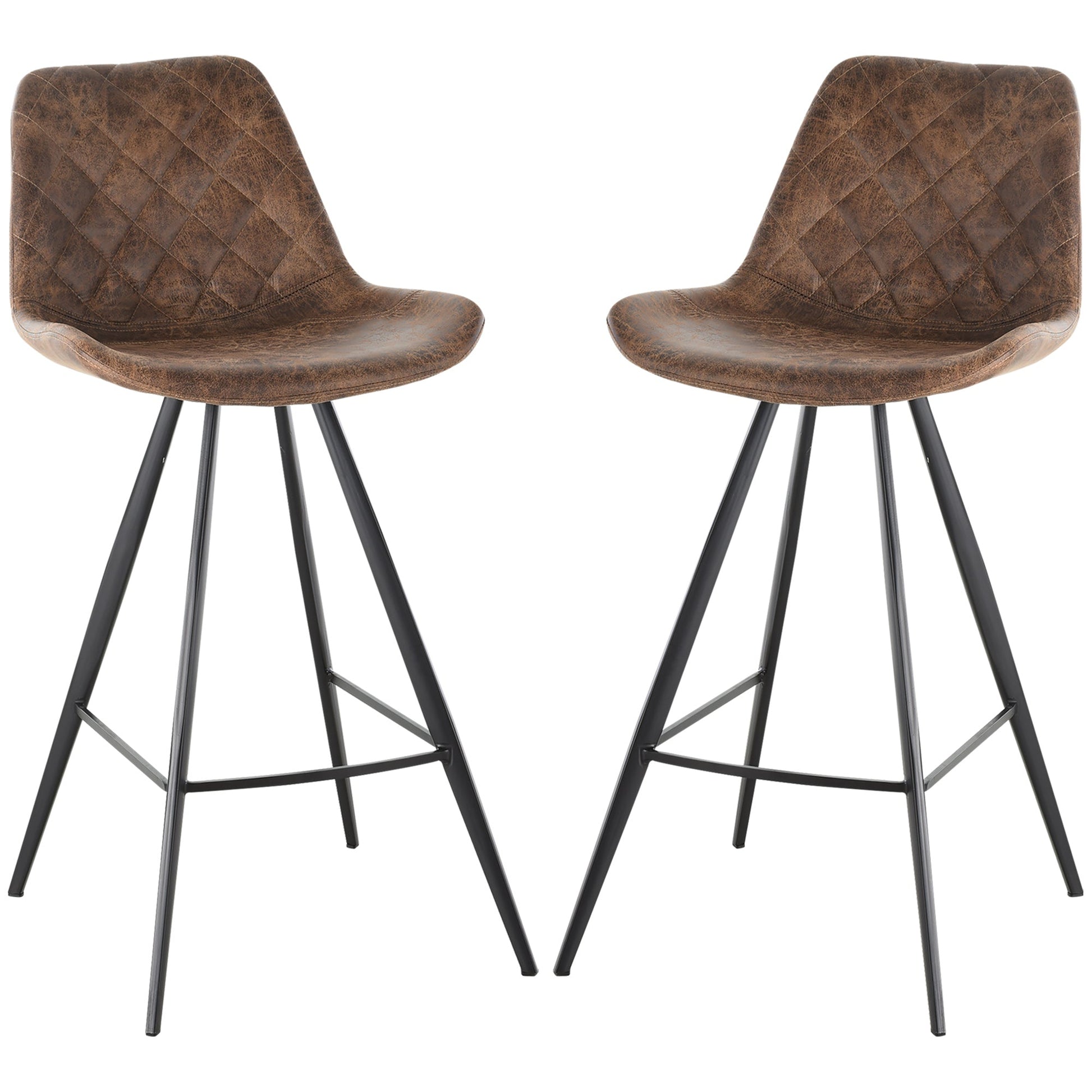 HOMCOM Set Of 2 Bar Stools Vintage Microfiber Cloth Tub Seats Padded Comfortable Steel Frame Footrest Quilted Home Bar Cafe Kitchen Chair Stylish Brown