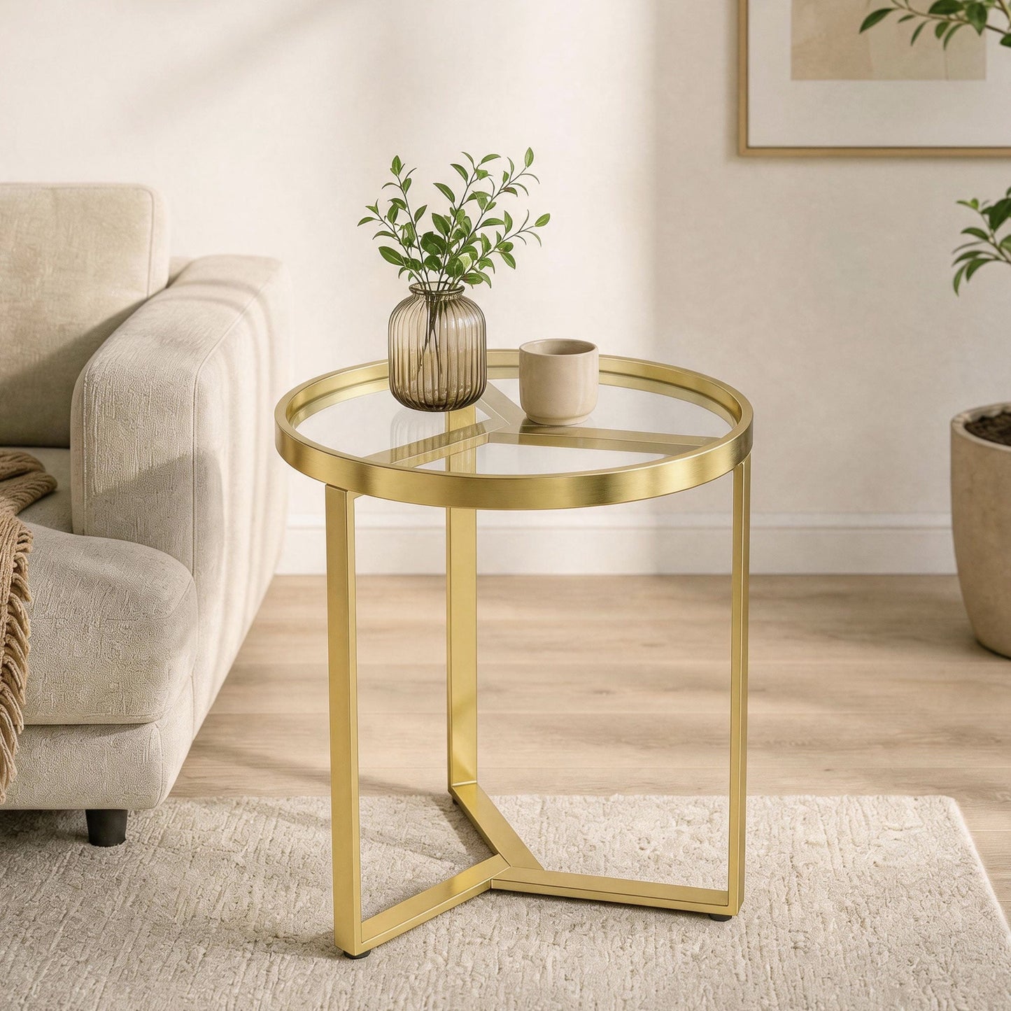Round Side Table with Tempered Glass Top, Modern End Table with Geometric Metal Frame for Small Space, Living Room and Bedroom, Gold Tone